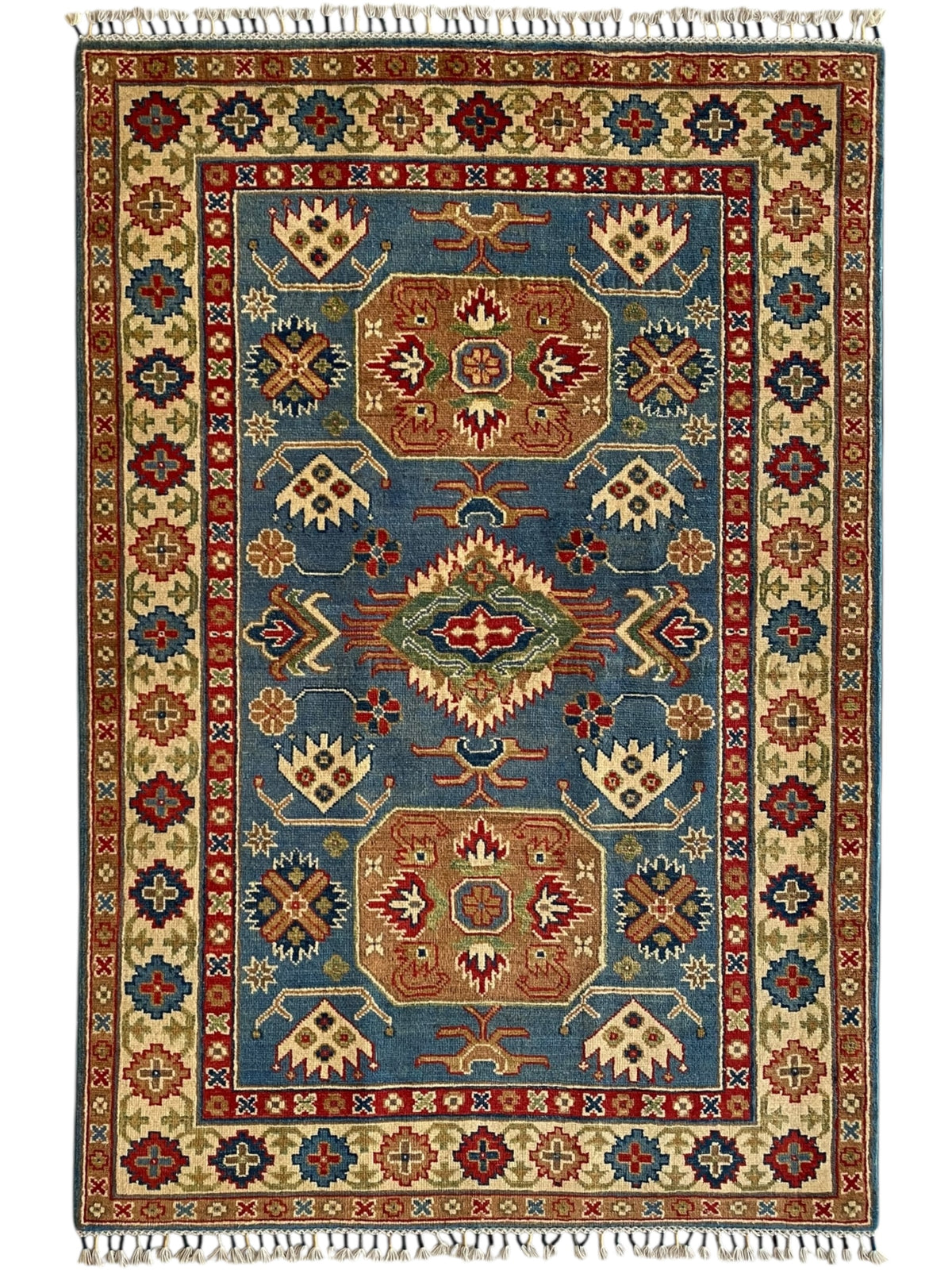 Afghani Rug 4x6 size range tribal Blue Cream laid flat