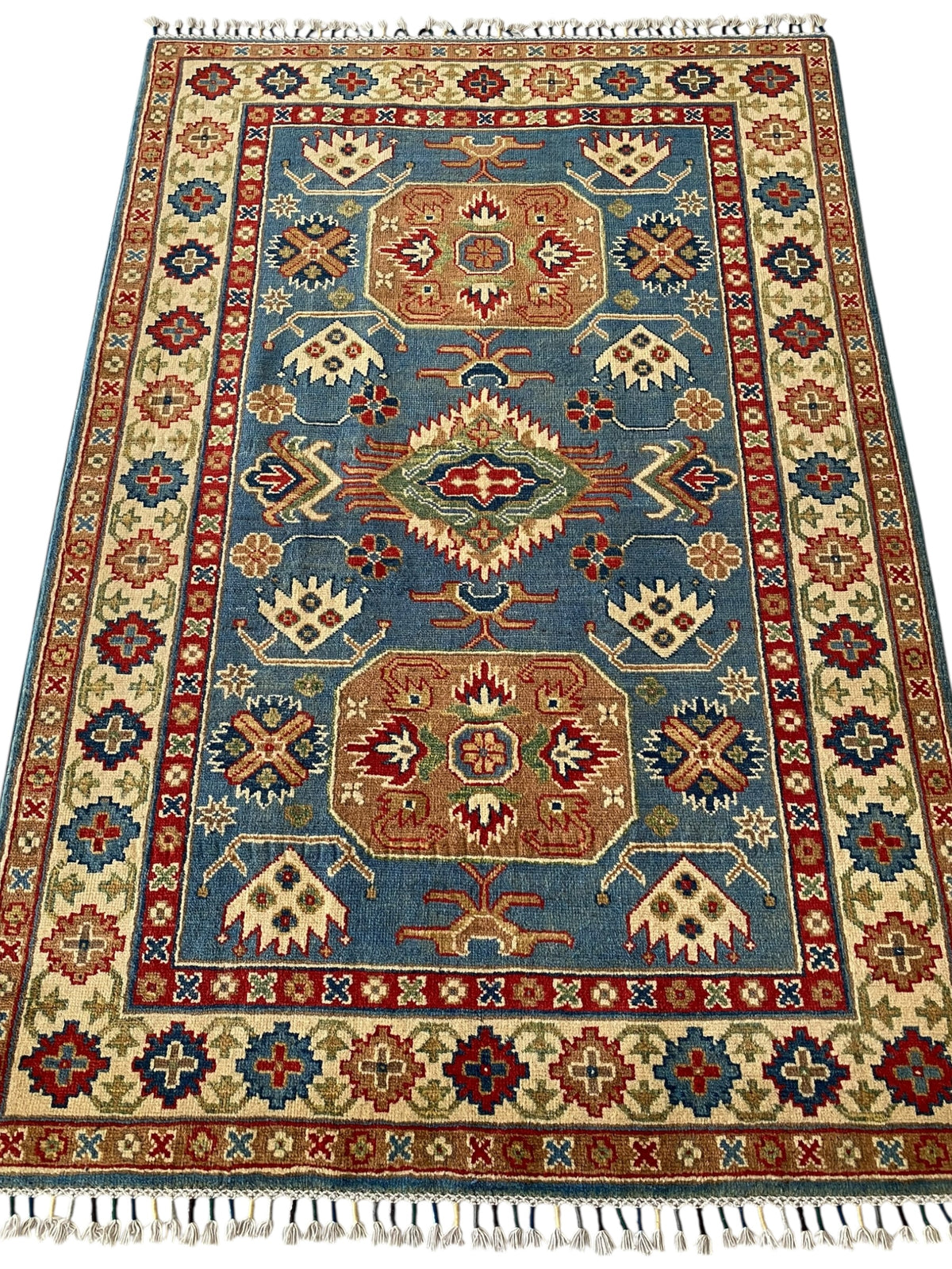 Afghani Rug 4x6 size range tribal Blue Cream laid flat