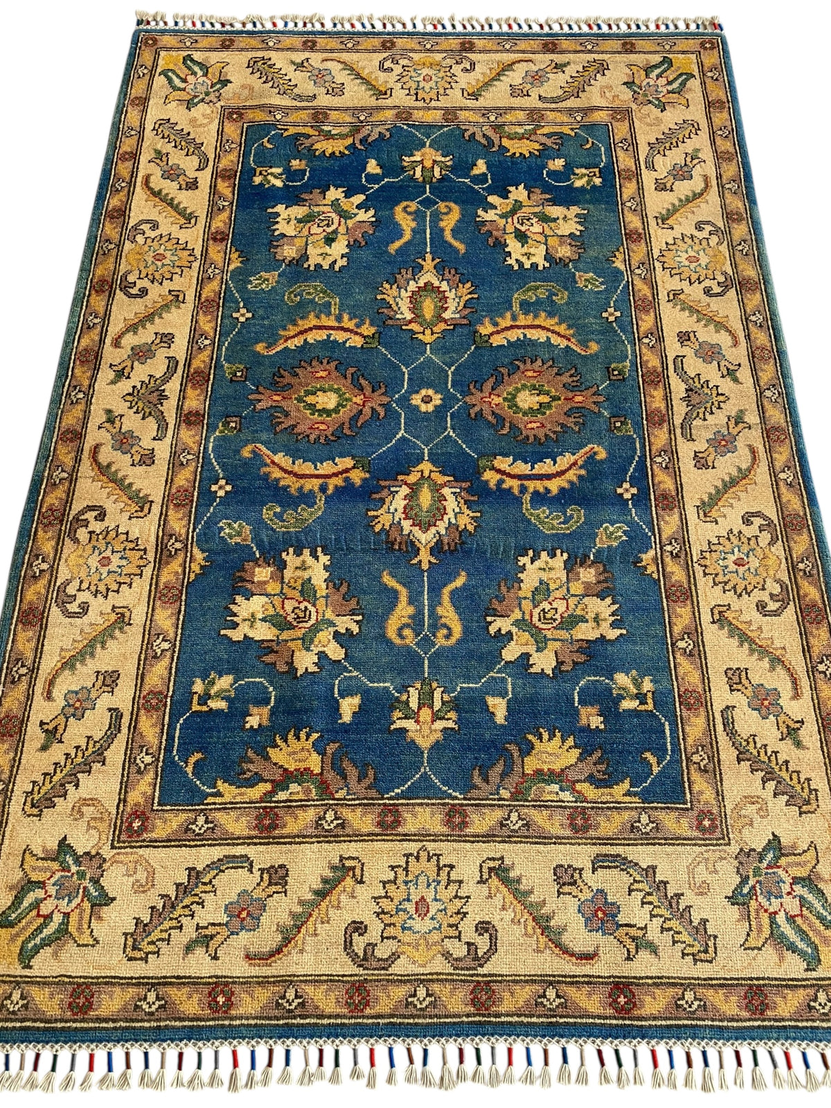 Afghani Rug 4x6 size range tribal Blue Cream laid flat