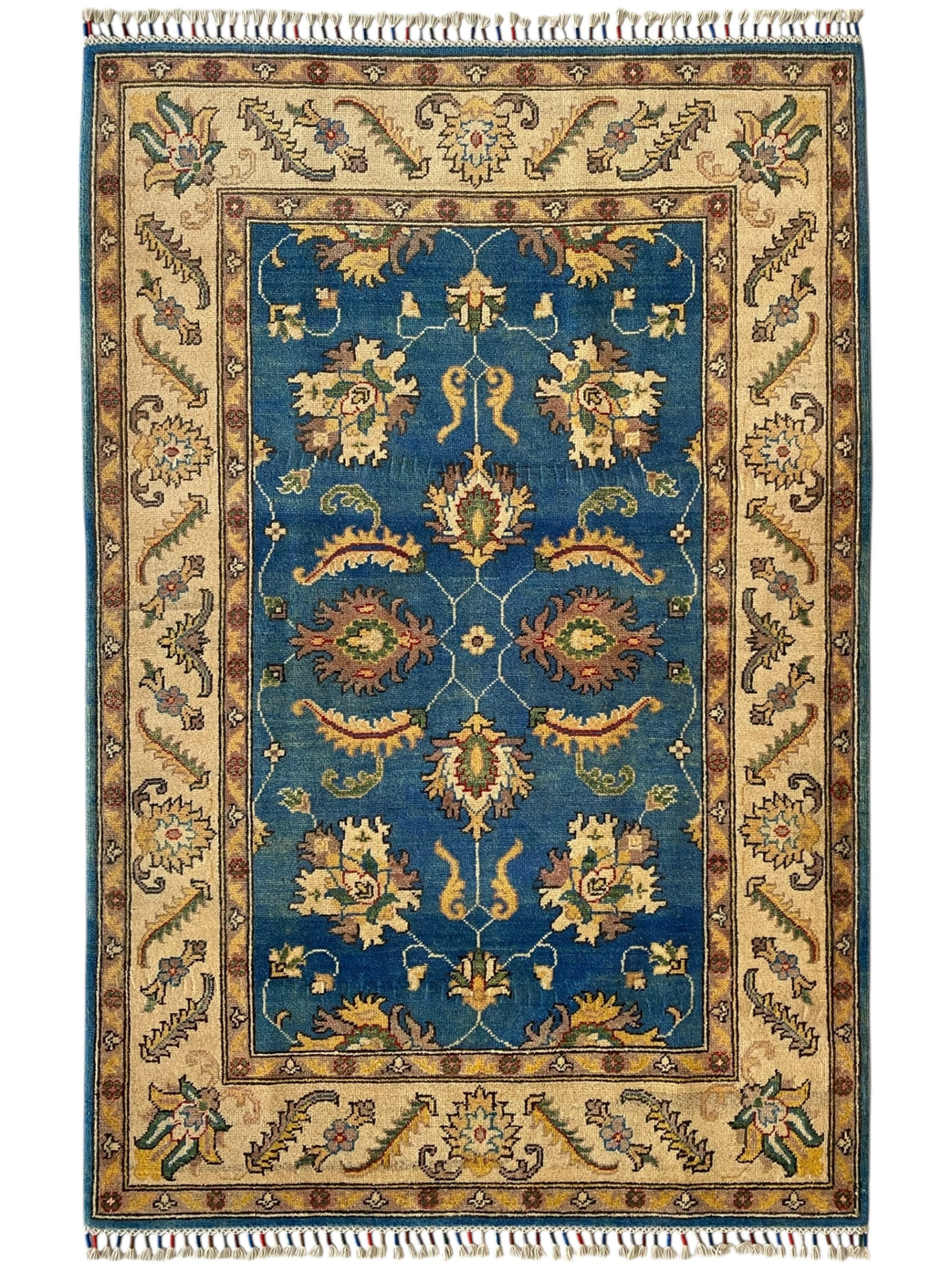 Afghani Rug 4x6 size range tribal Blue Cream laid flat