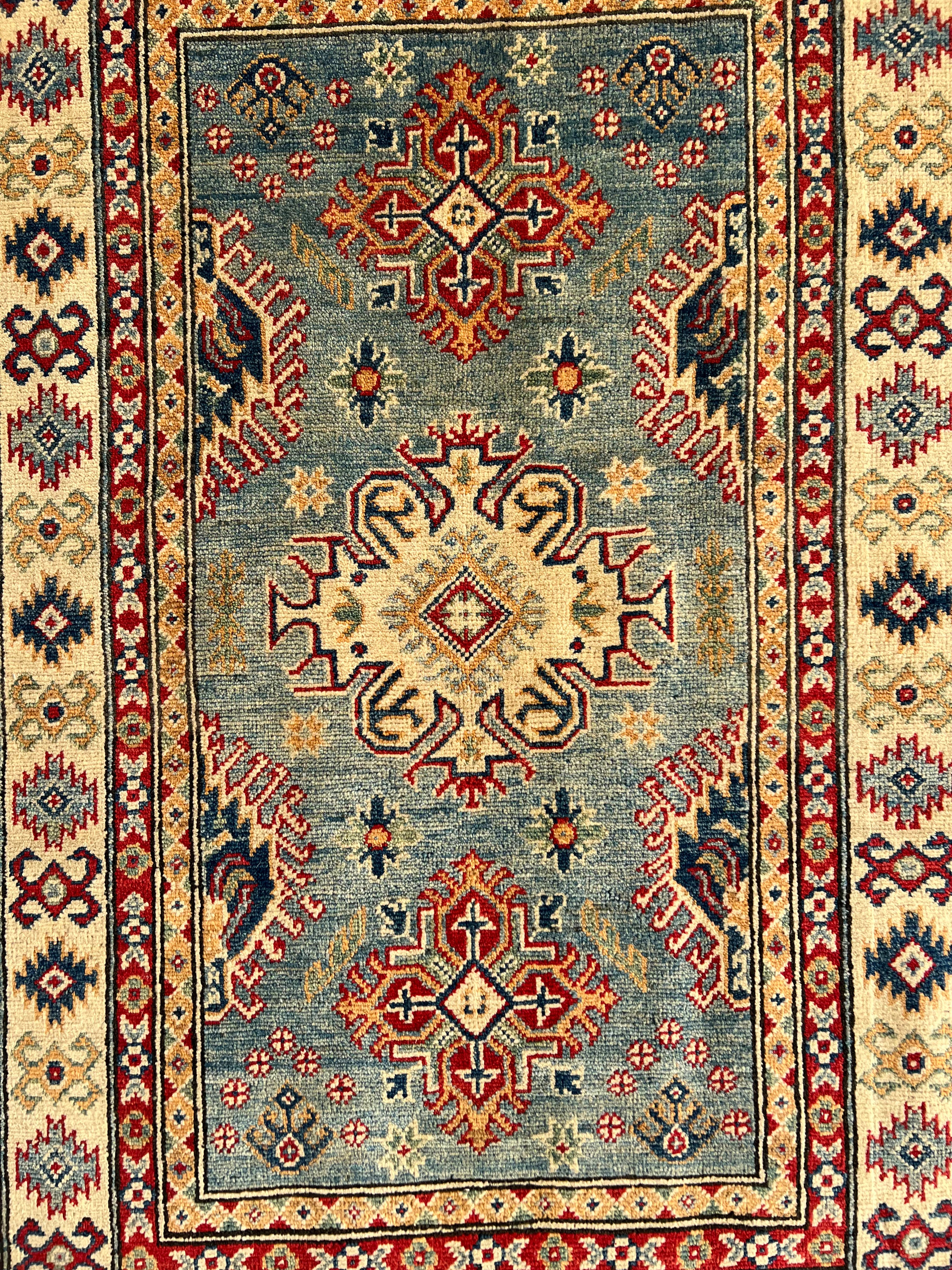 Afghani Rug 4x6 size range tribal Blue Beige laid flat