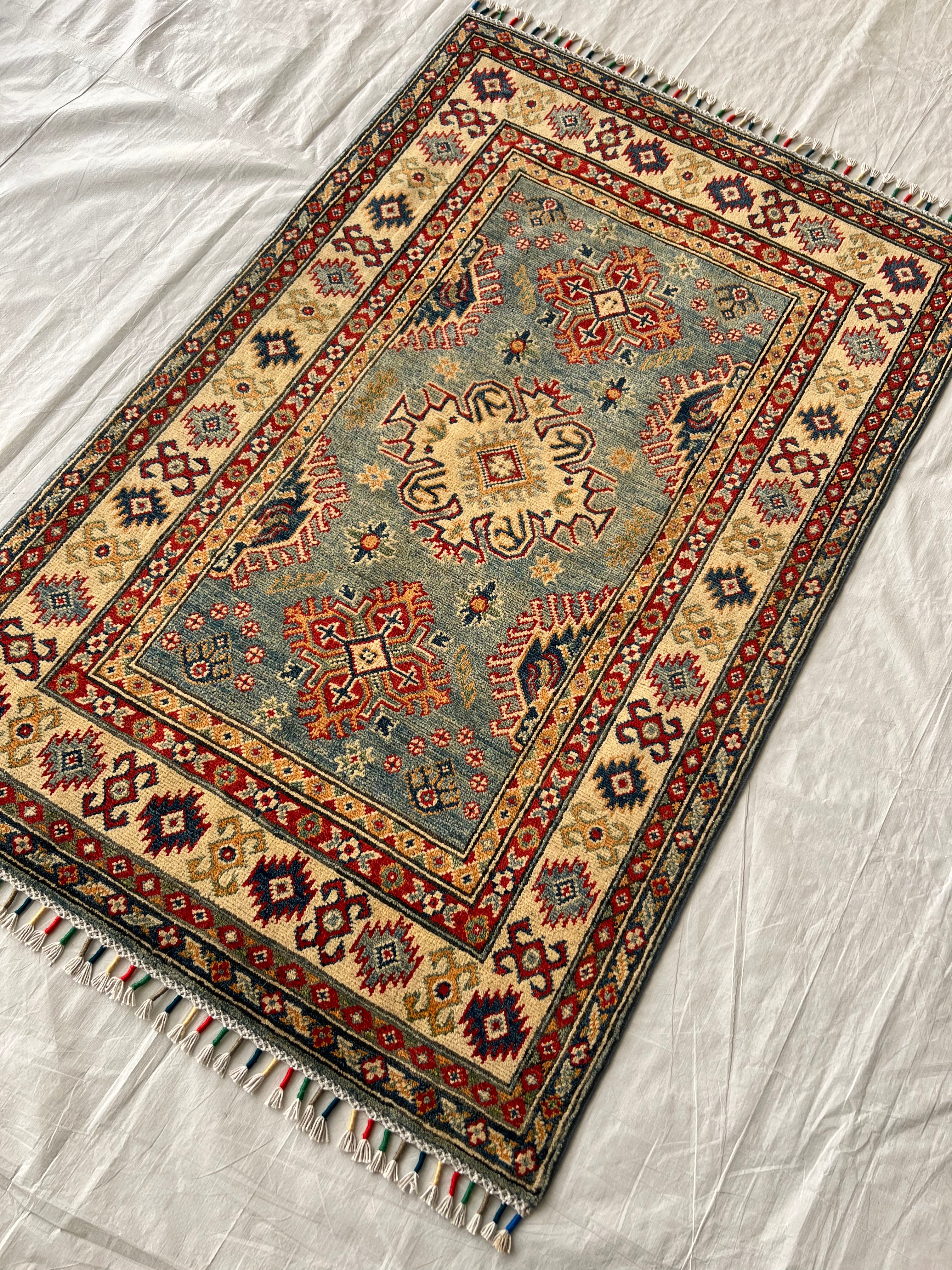 Afghani Rug 4x6 size range tribal Blue Beige laid flat