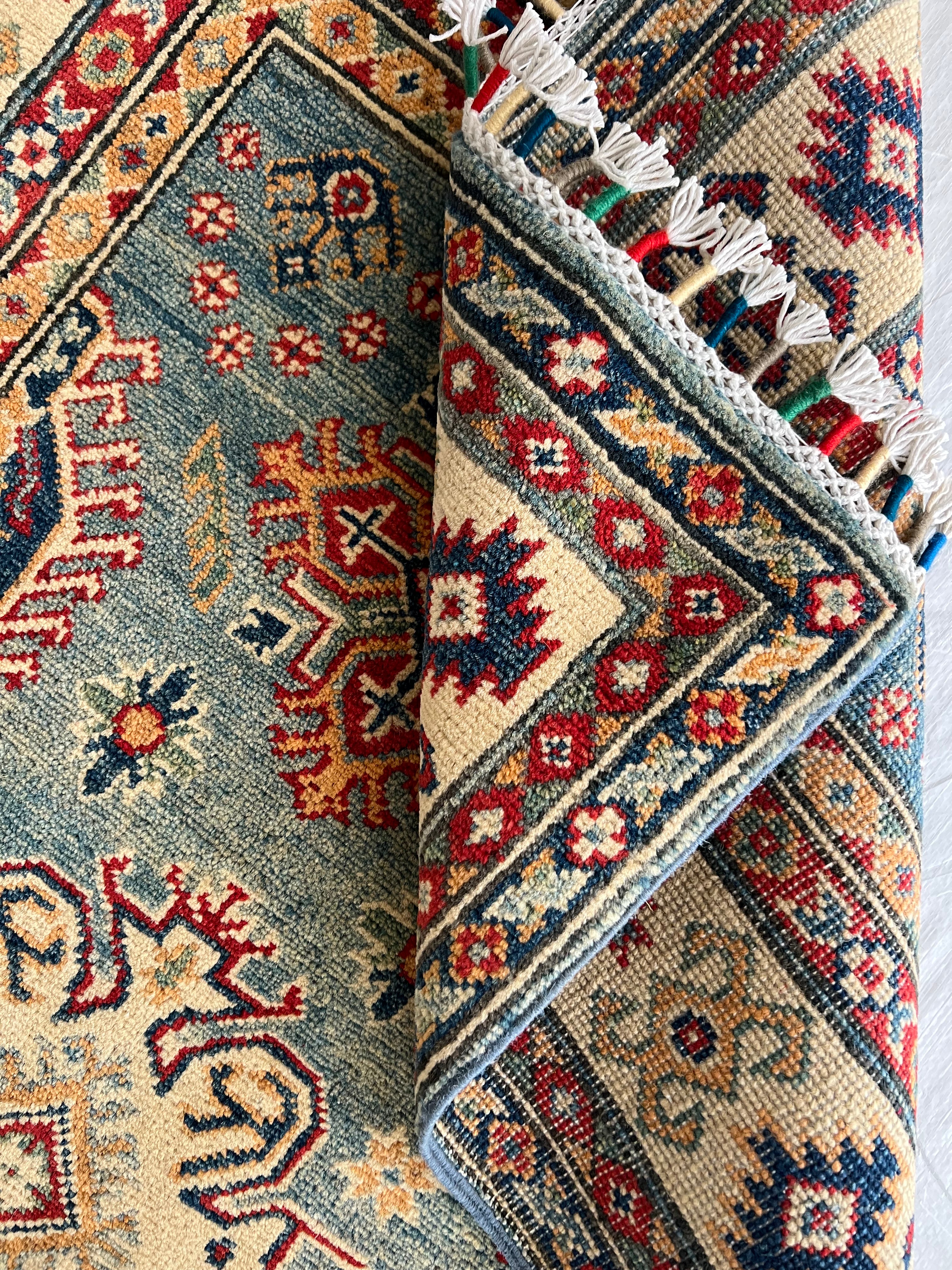 Afghani Rug 4x6 size range tribal Blue Beige laid flat