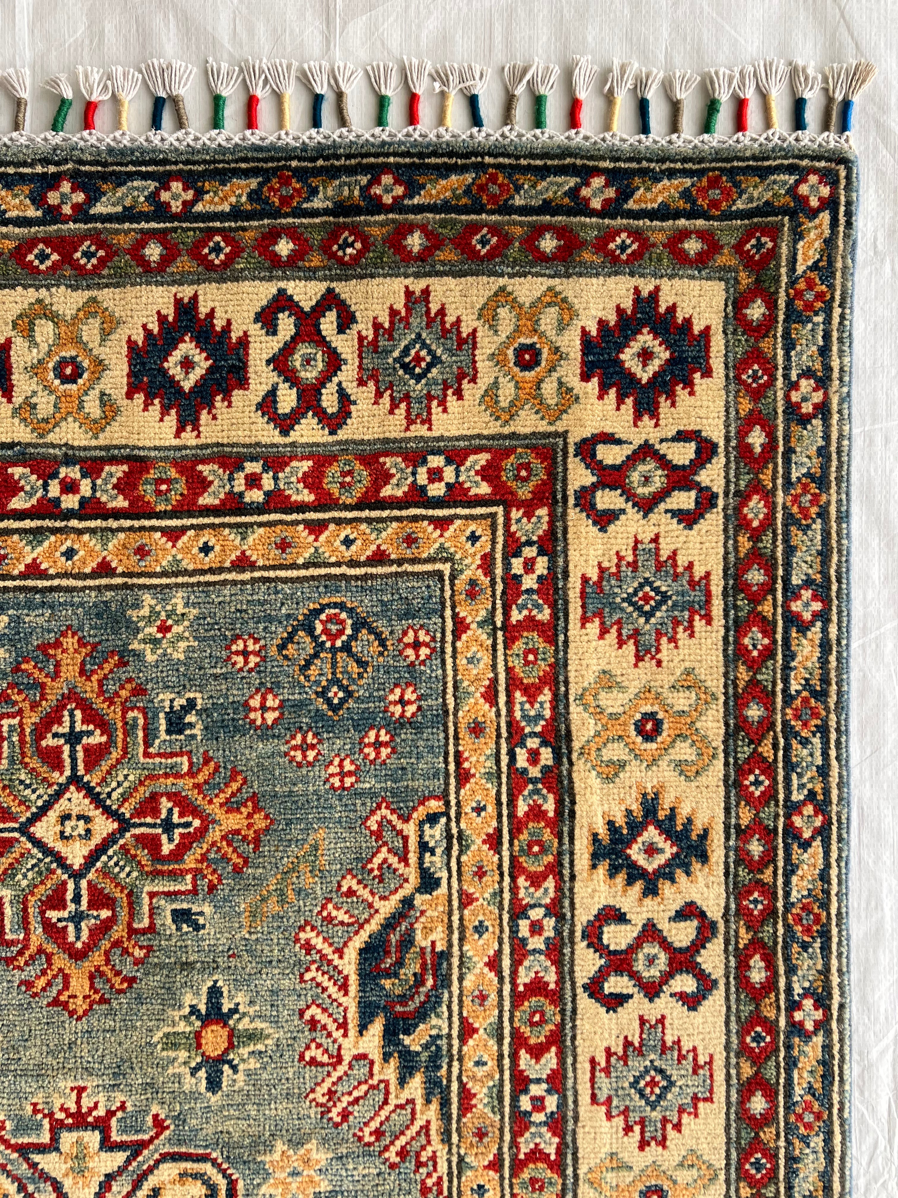 Afghani Rug 4x6 size range tribal Blue Beige laid flat