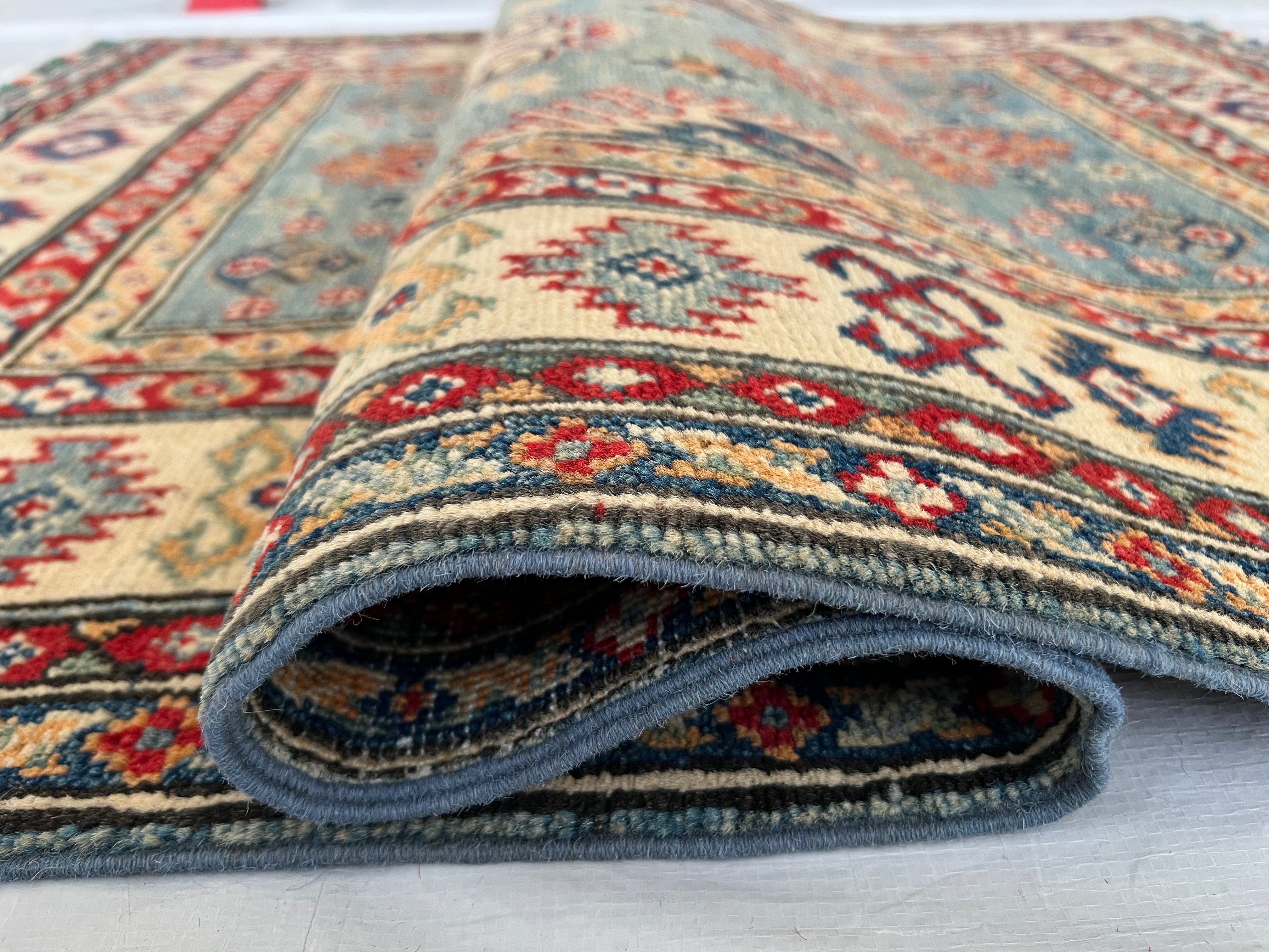 Afghani Rug 4x6 size range tribal Blue Beige laid flat