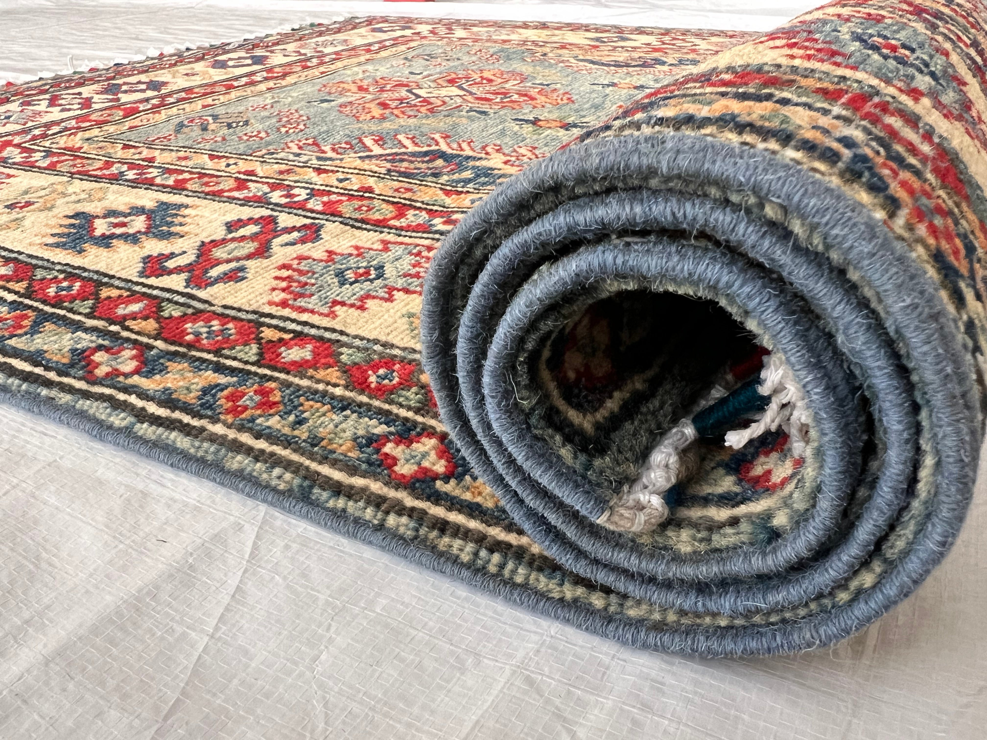 Afghani Rug 4x6 size range tribal Blue Beige laid flat