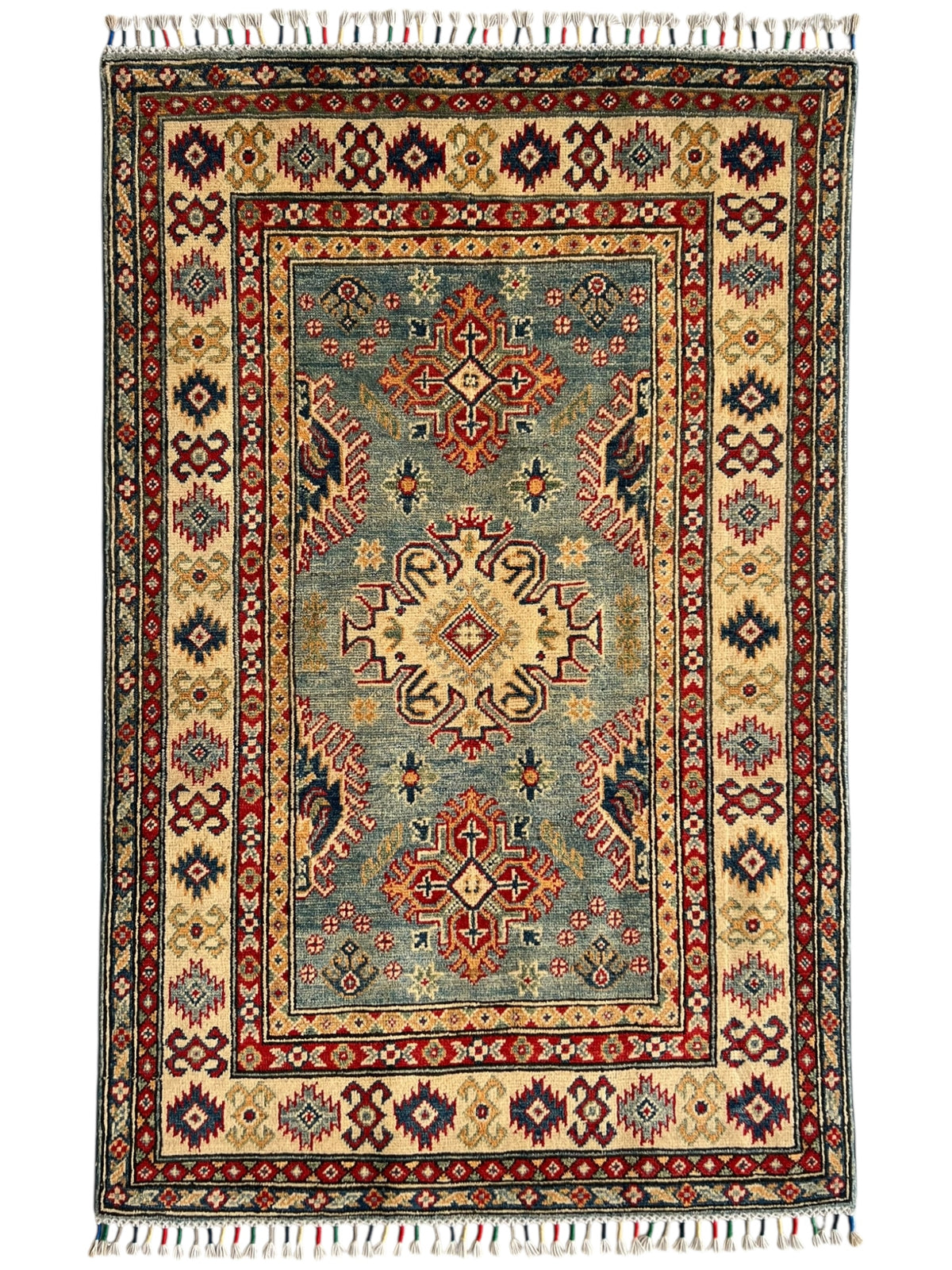 Afghani Rug 4x6 size range tribal Blue Beige laid flat