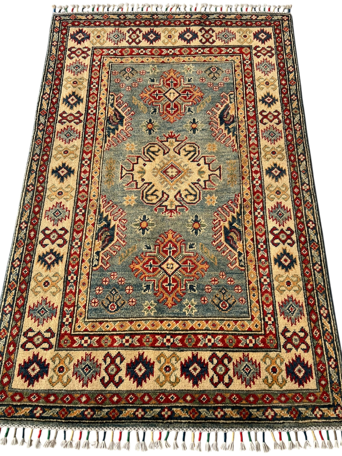 Afghani Rug 4x6 size range tribal Blue Beige laid flat