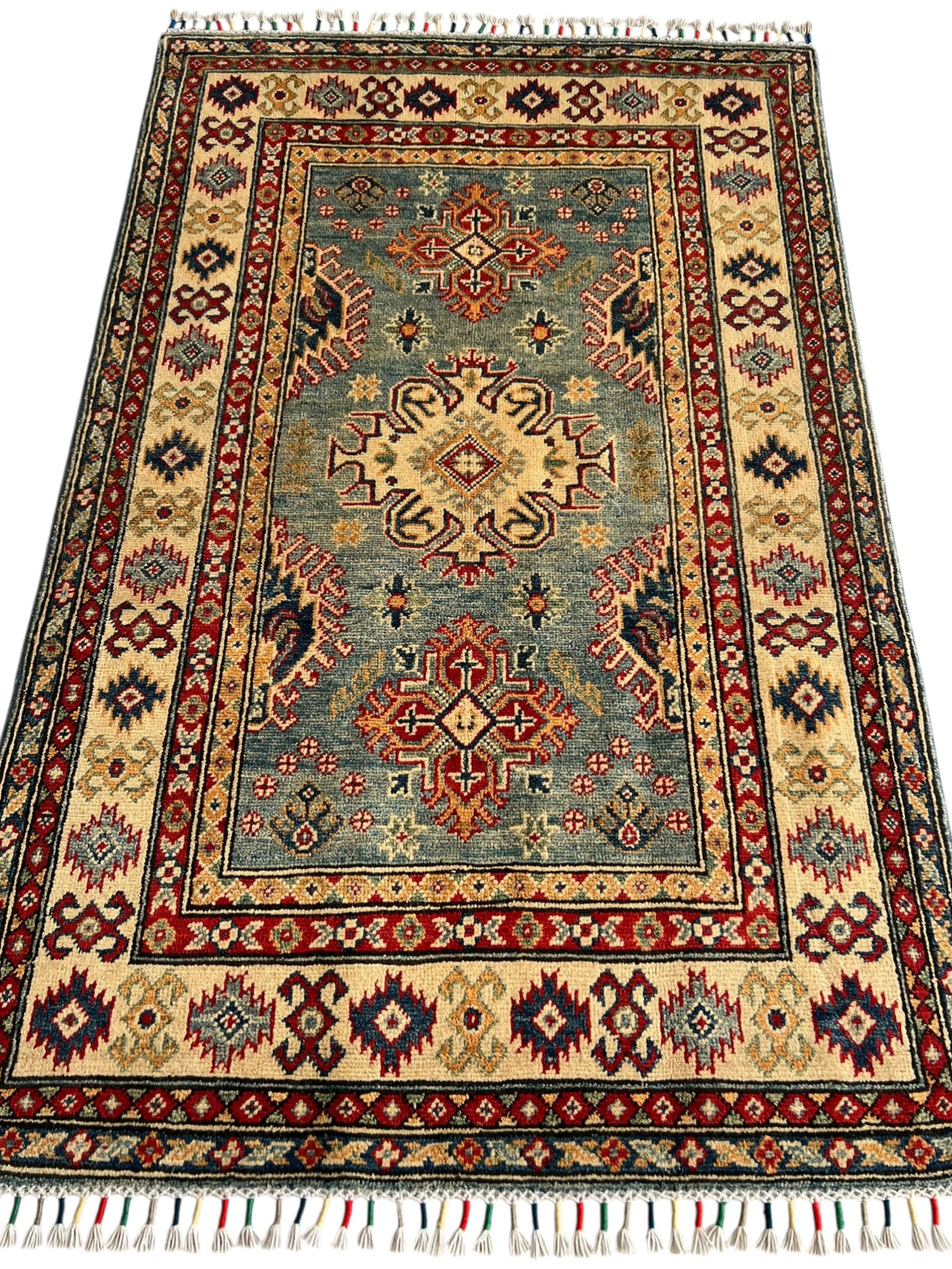 Afghani Rug 4x6 size range tribal Blue Beige laid flat