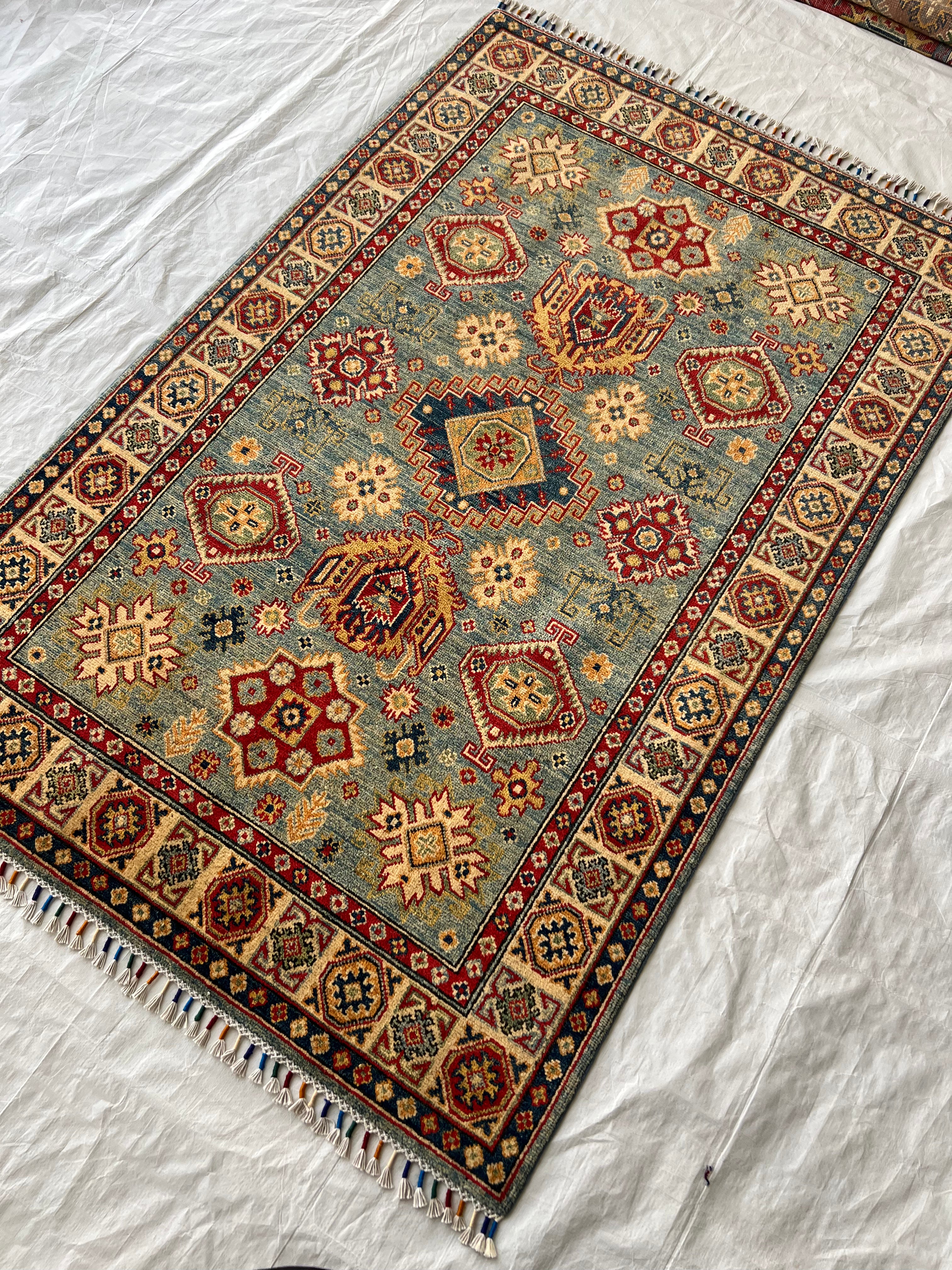 Afghani Rug 4x10 size range tribal Blue Beige laid flat