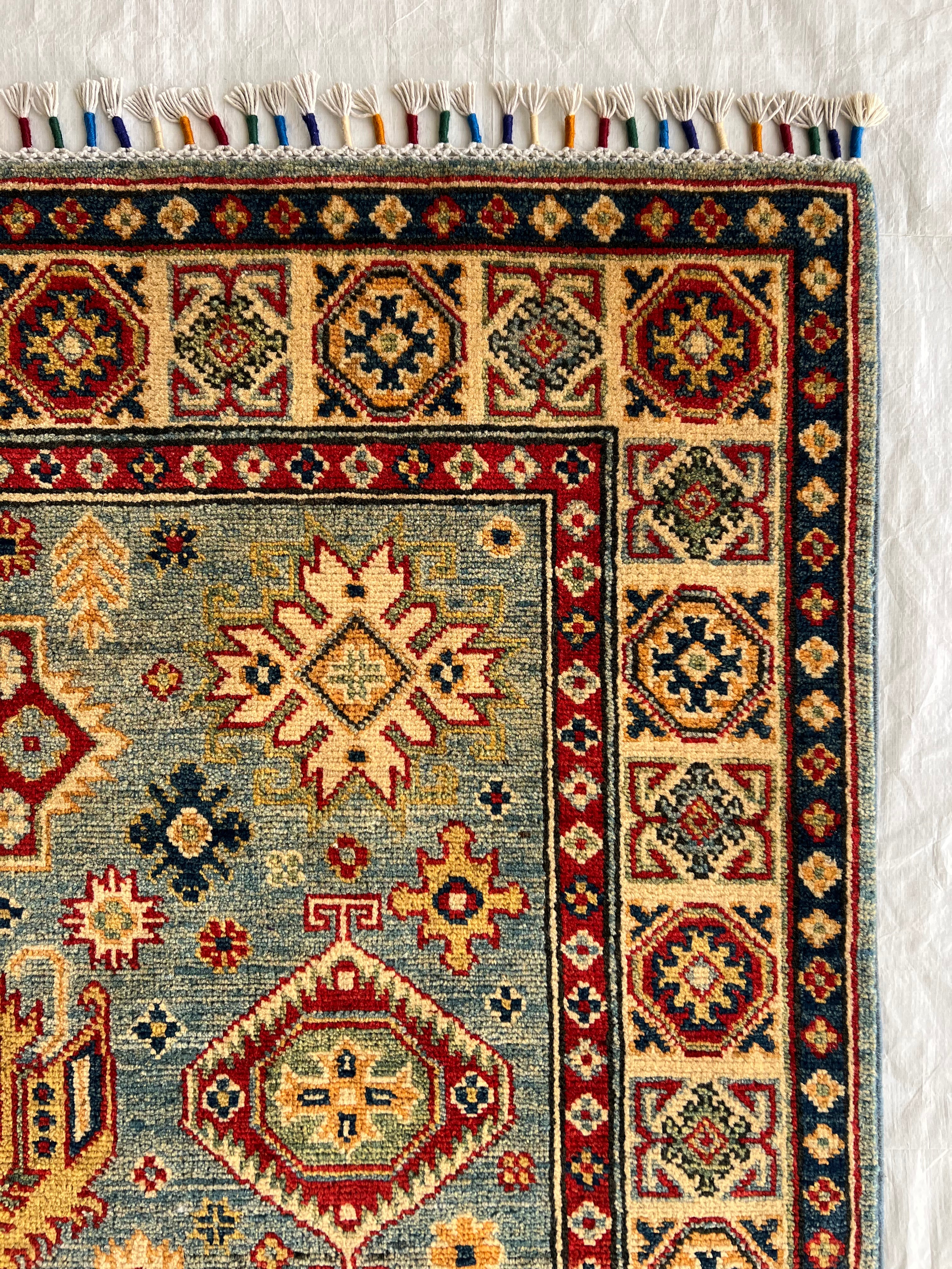 Afghani Rug 4x10 size range tribal Blue Beige laid flat