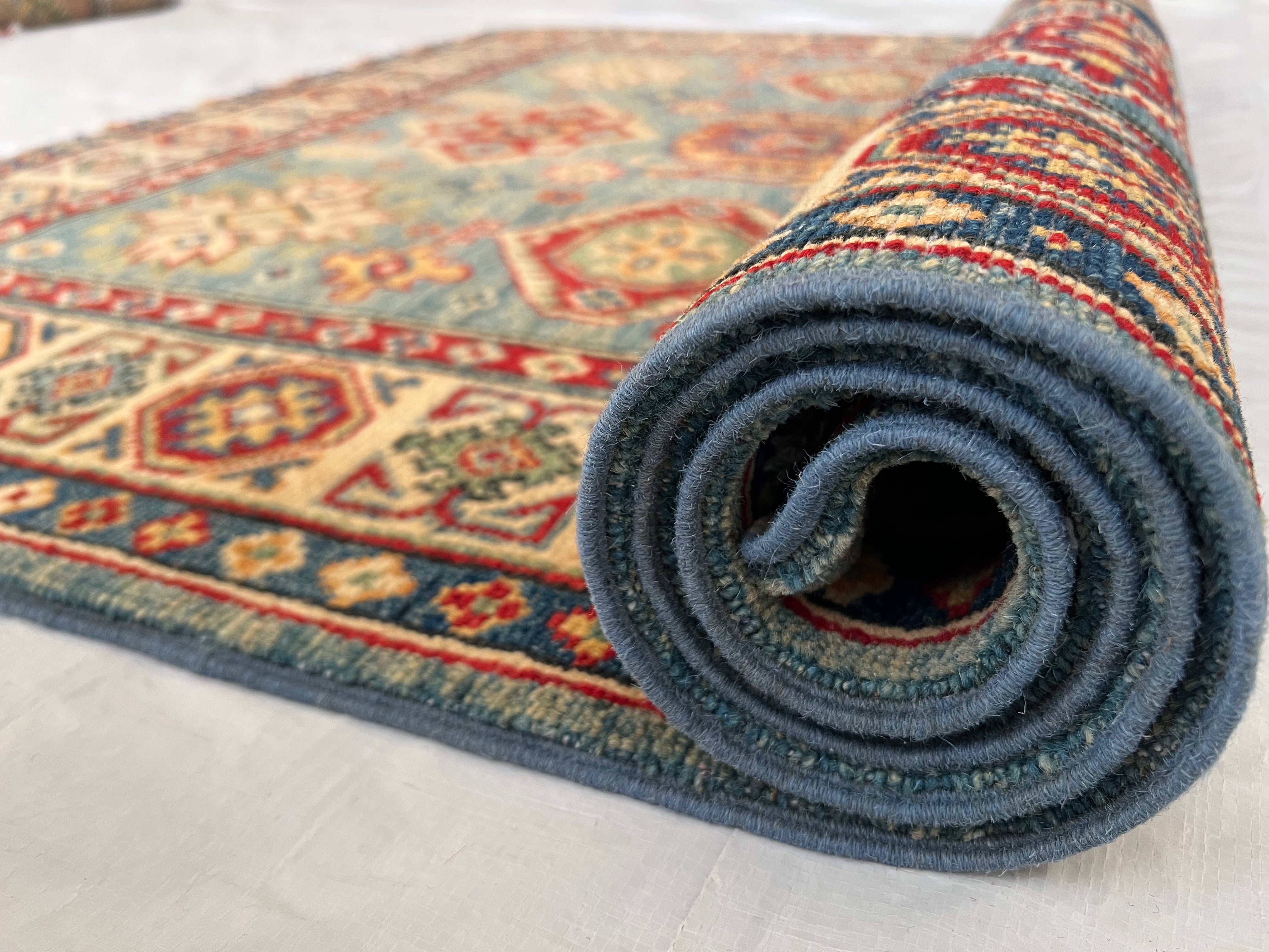 Afghani Rug 4x10 size range tribal Blue Beige laid flat