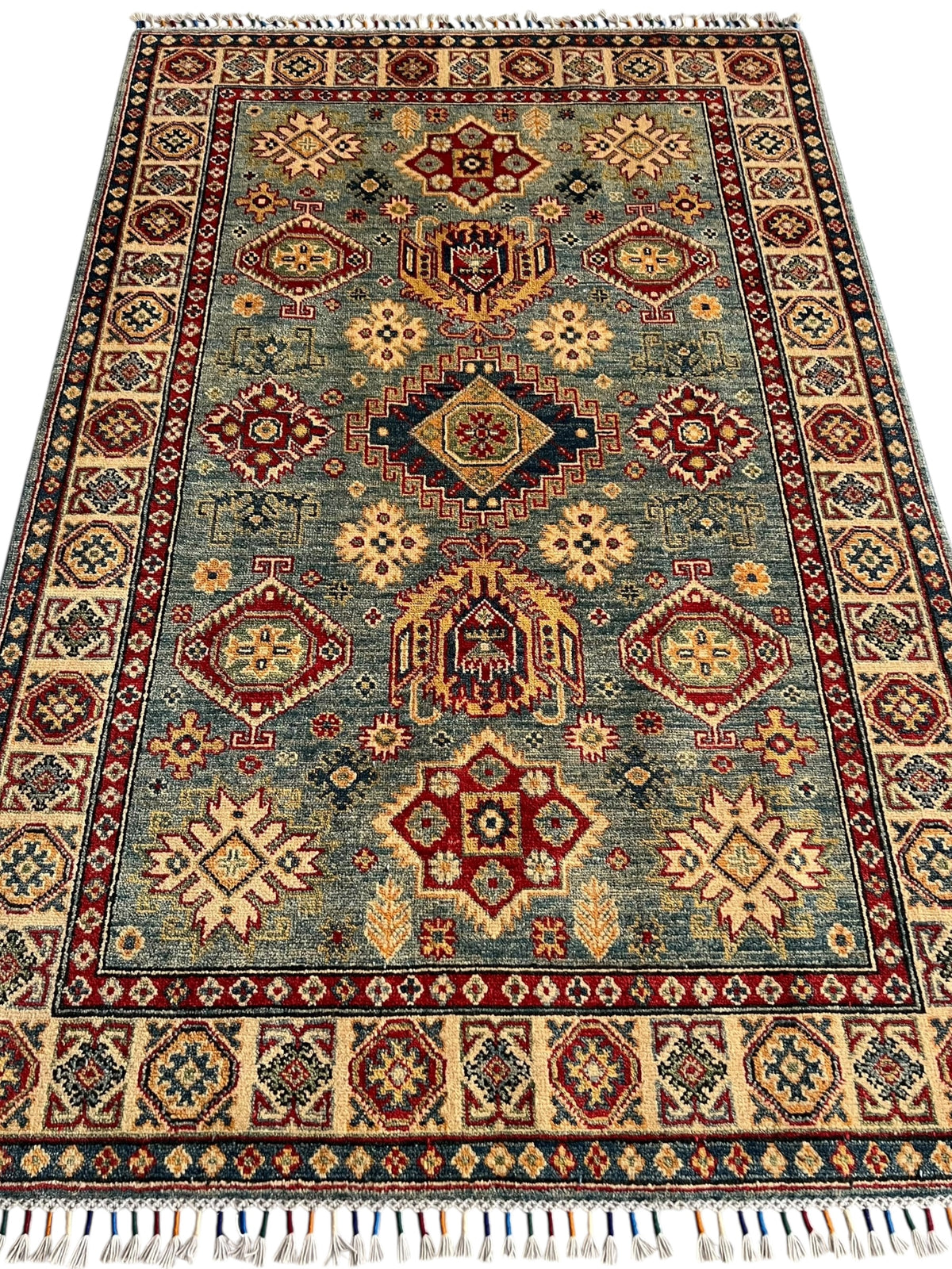 Afghani Rug 4x10 size range tribal Blue Beige laid flat