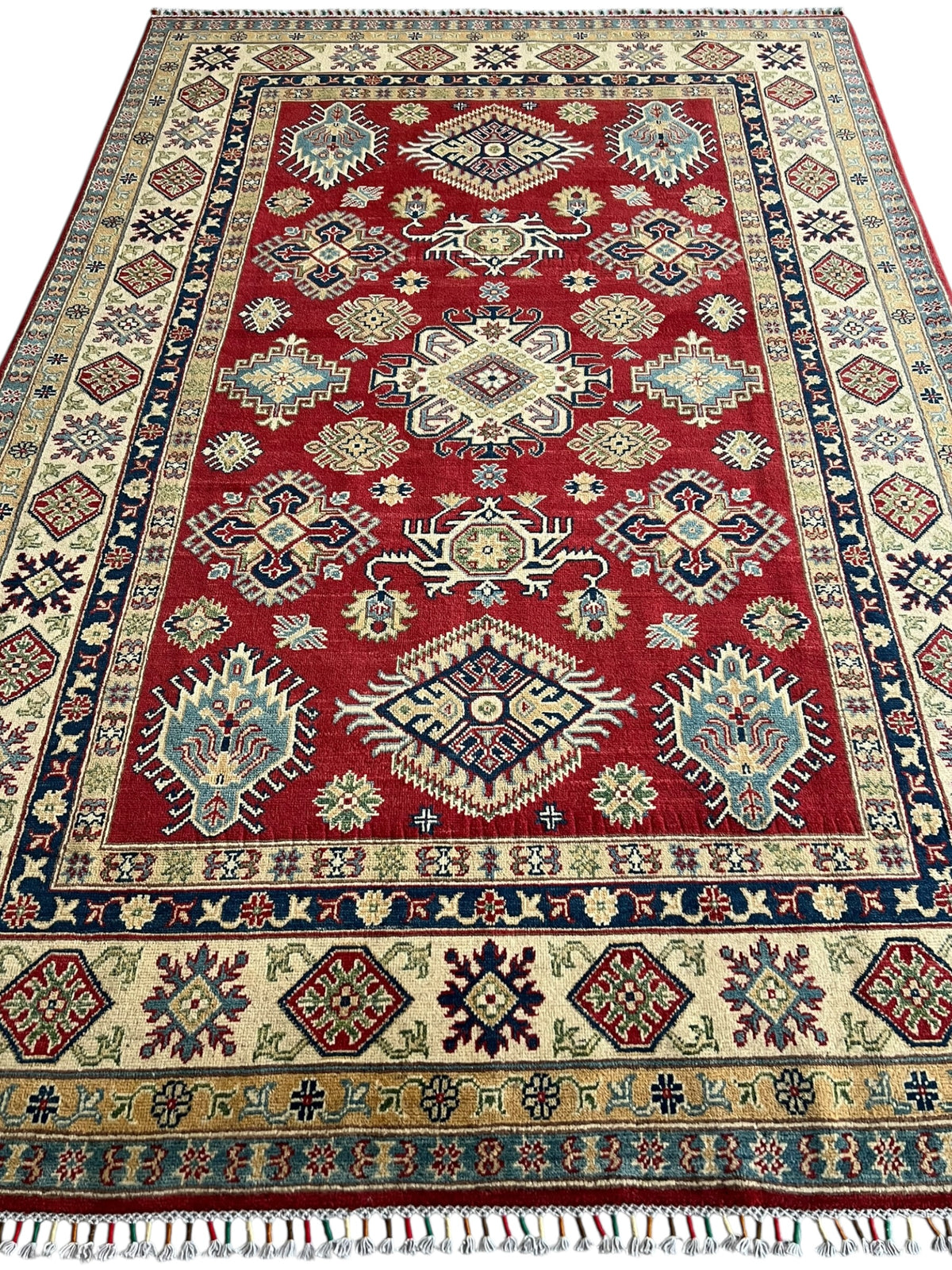 Afghani Rug 6x9 size range tribal Red Cream laid flat