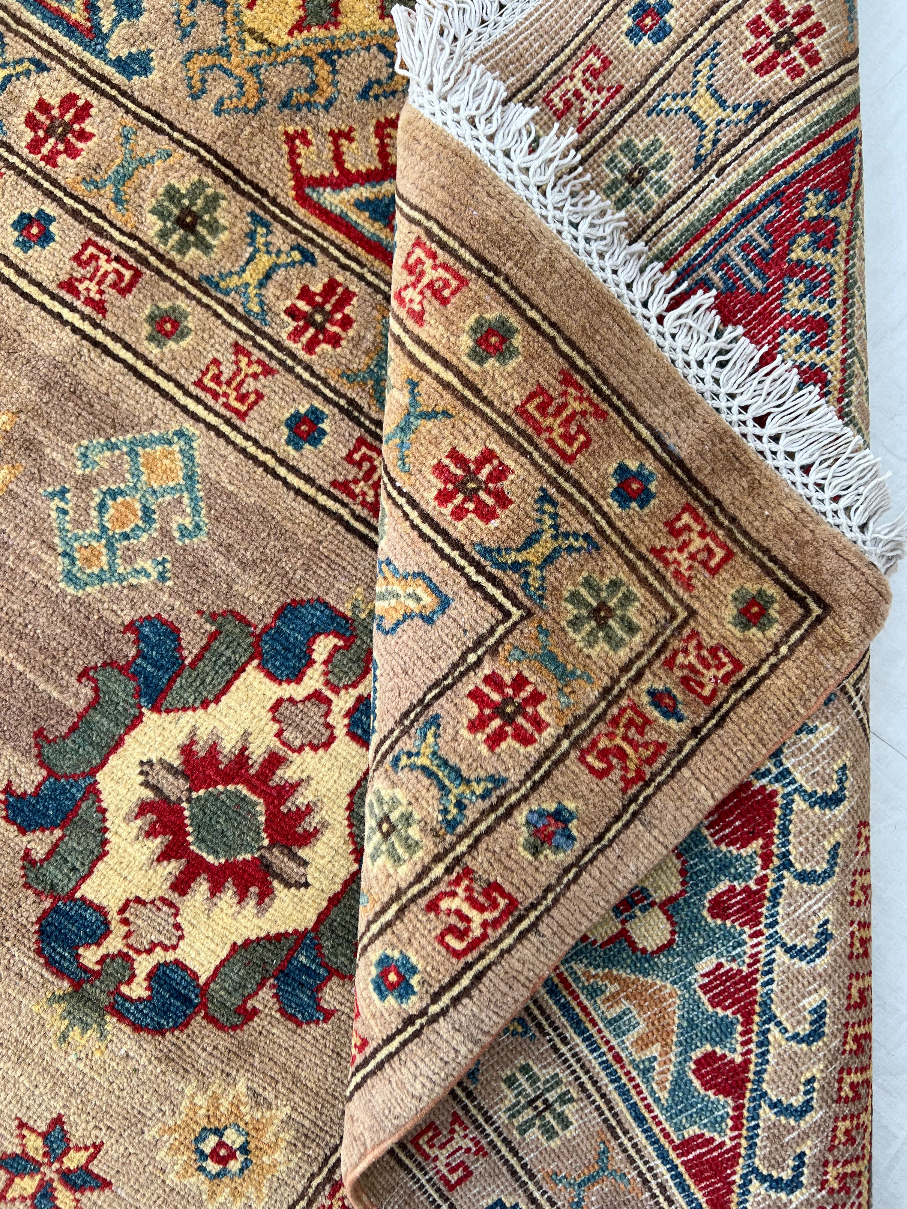 Afghan Kazak Rug 8'10" x 11'10", Hand-Knotted Wool, Beige, view 8