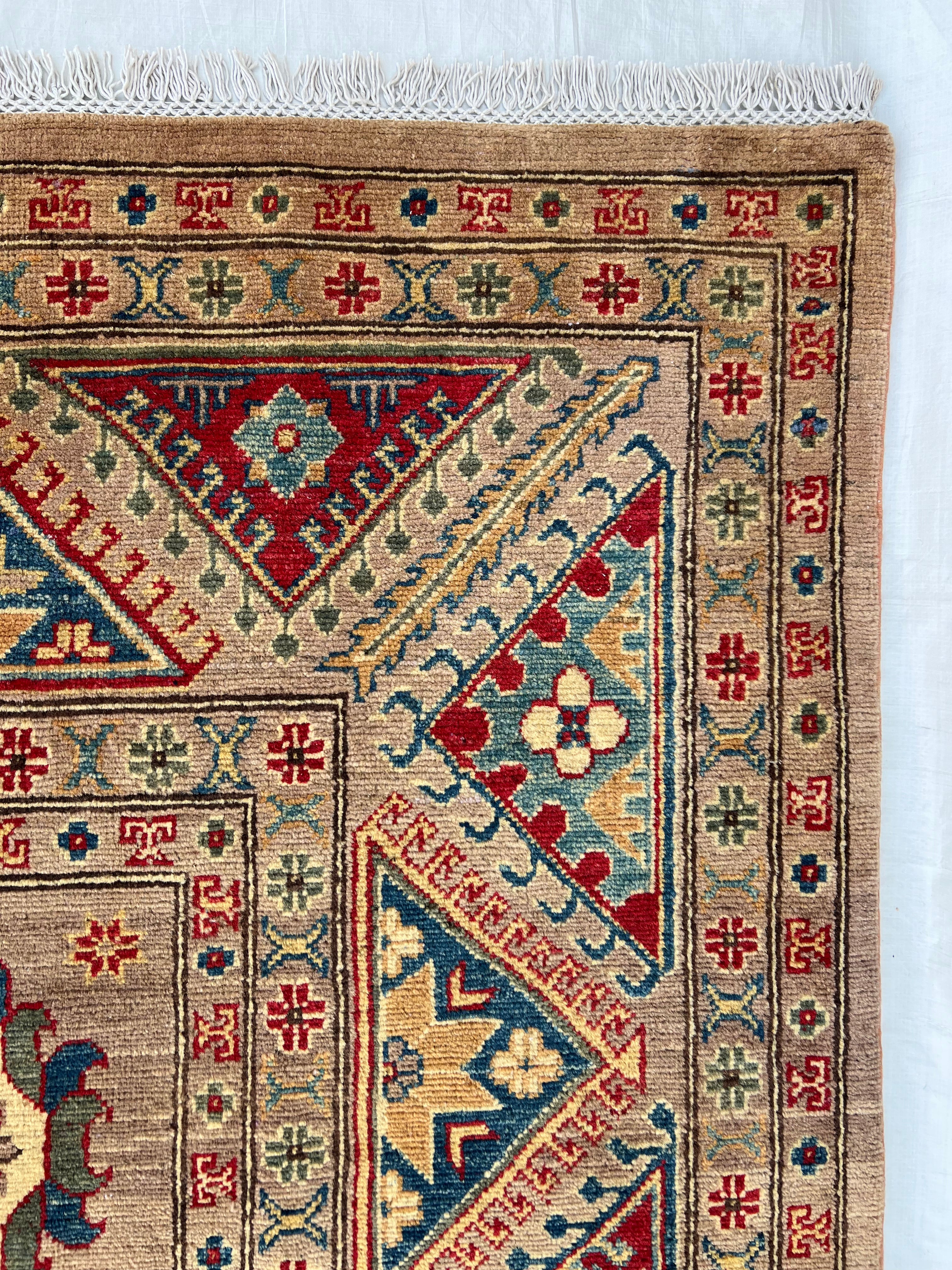 Afghan Kazak Rug 8'10" x 11'10", Hand-Knotted Wool, Beige, view 9