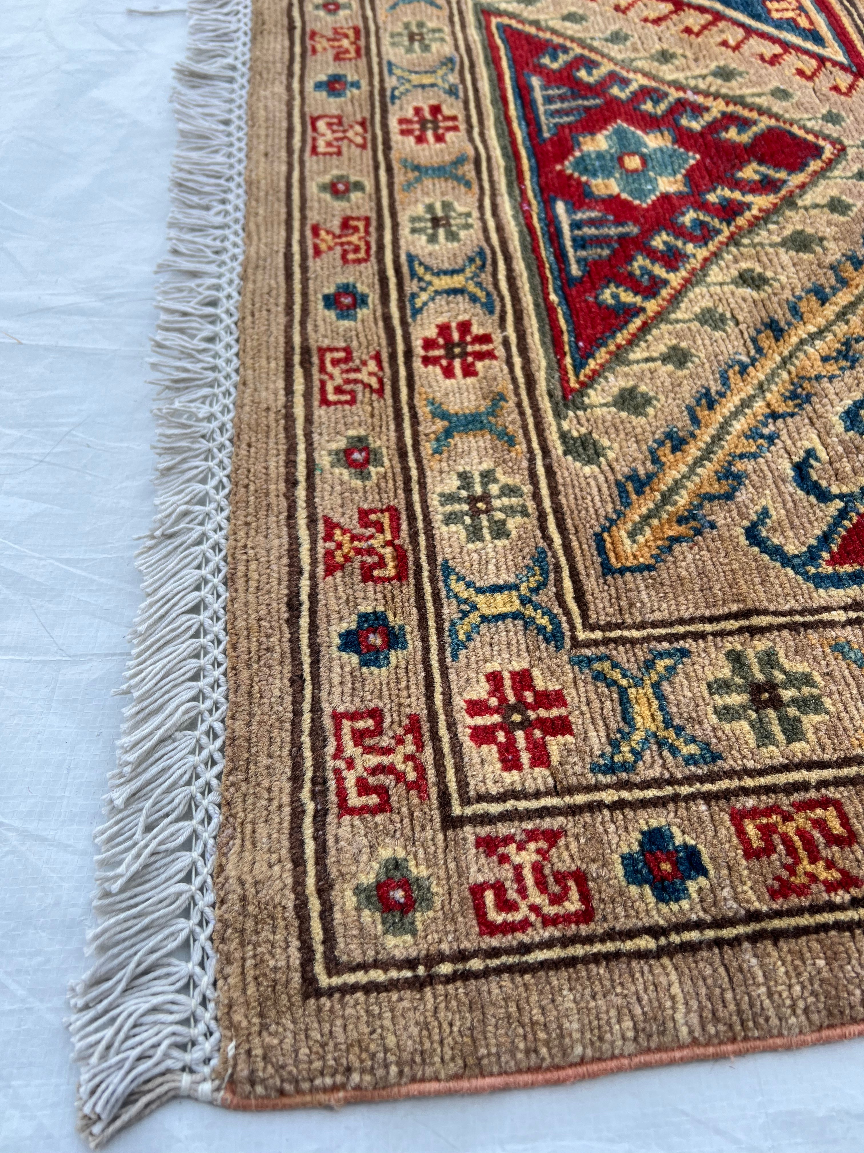 Afghan Kazak Rug 8'10" x 11'10", Hand-Knotted Wool, Beige, view 10