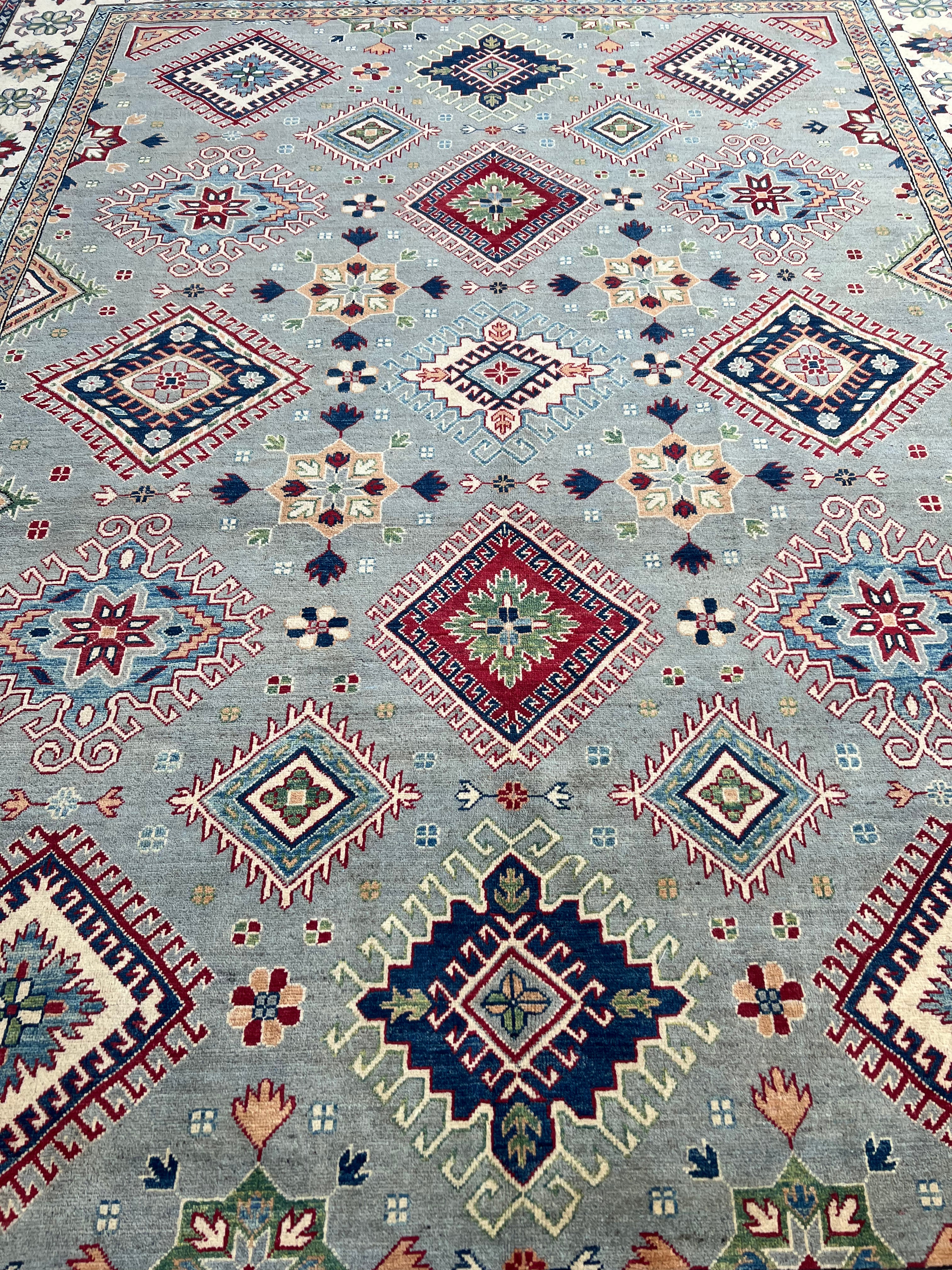 Afghan Kazak Rug 10x13, Gray, Ivory & Red, Hand-Knotted Wool, view 5