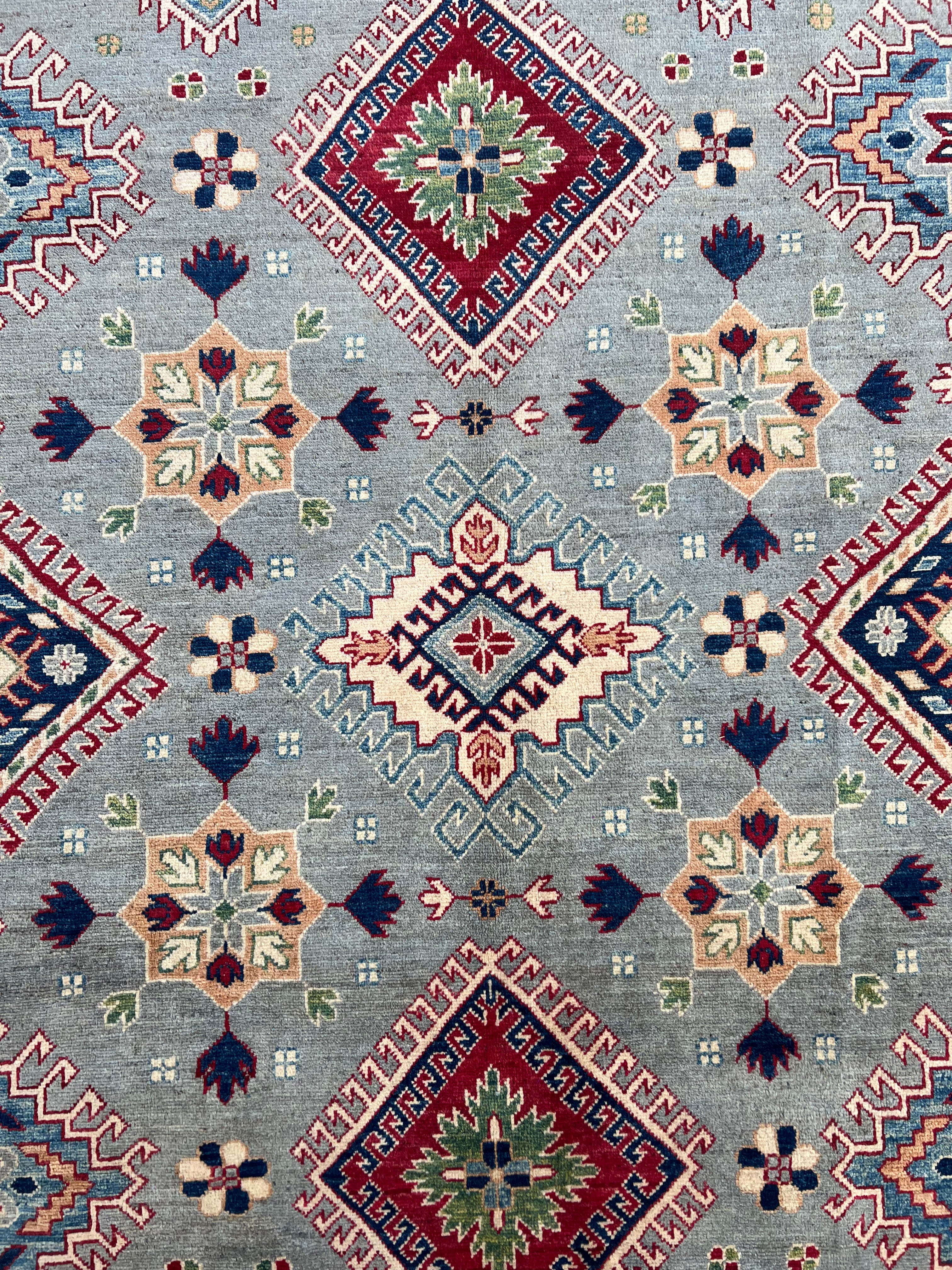 Afghan Kazak Rug 10x13, Gray, Ivory & Red, Hand-Knotted Wool, view 6