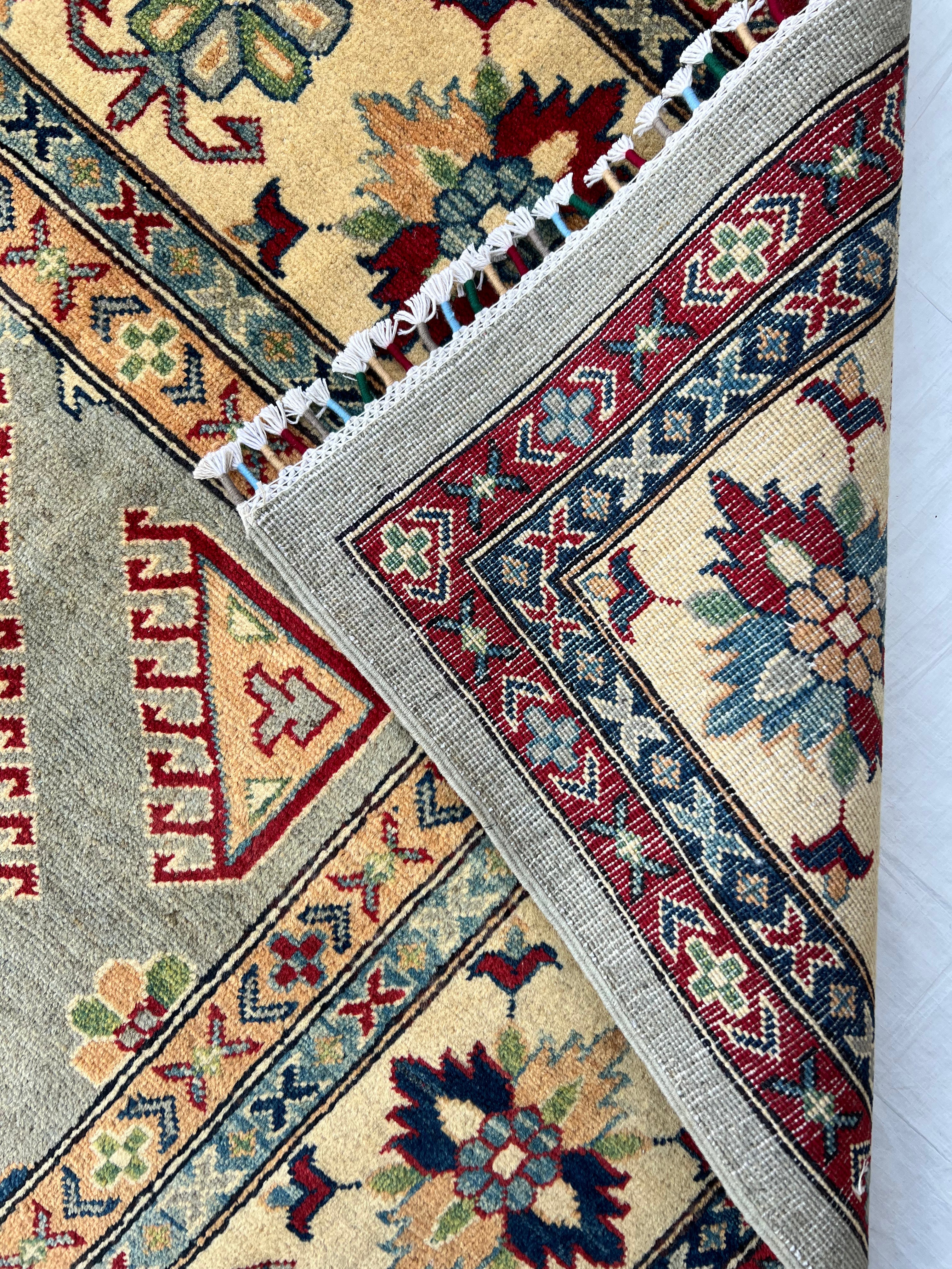 Afghan Kazak Rug 10x13, Gray, Ivory & Red, Hand-Knotted Wool, view 7