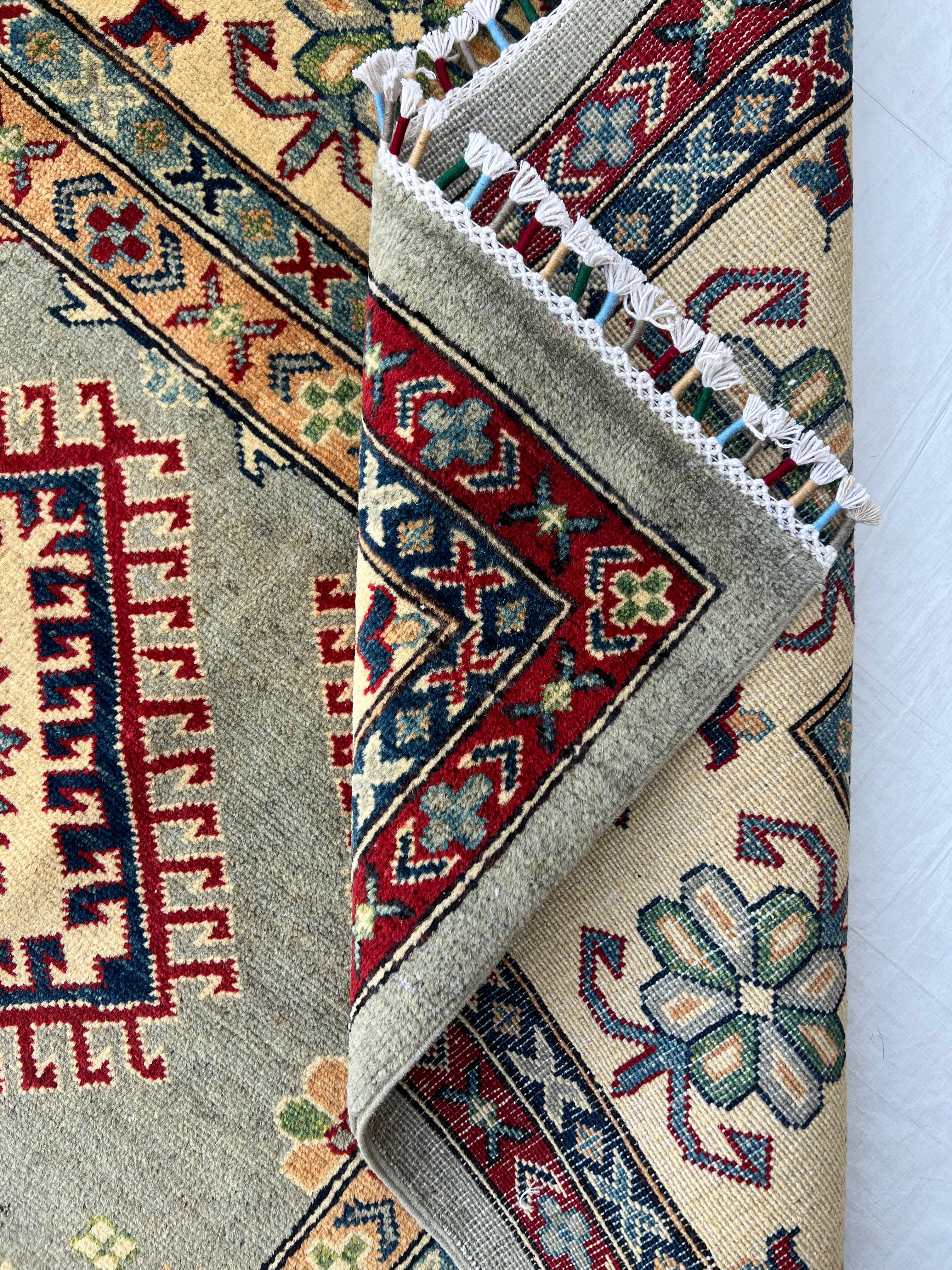 Afghan Kazak Rug 10x13, Gray, Ivory & Red, Hand-Knotted Wool, view 8