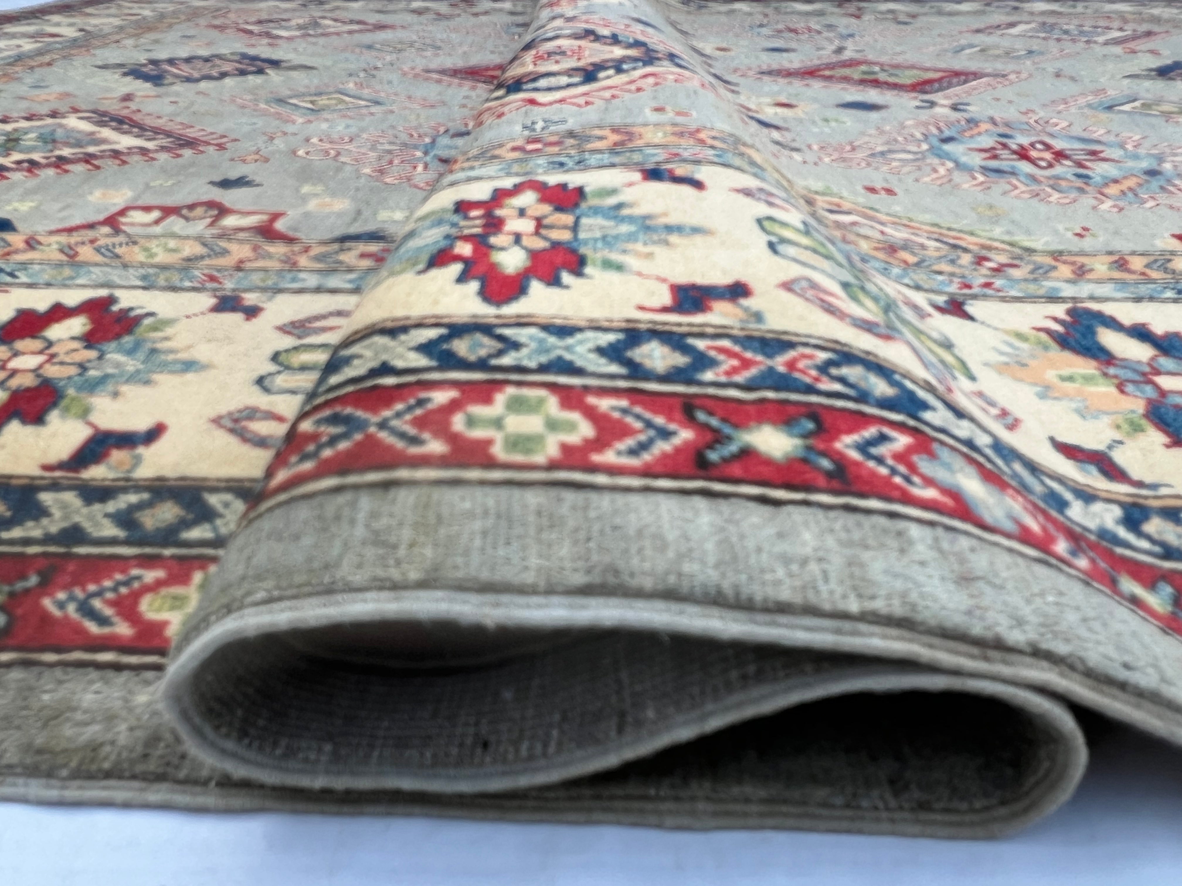 Afghan Kazak Rug 10x13, Gray, Ivory & Red, Hand-Knotted Wool, view 11