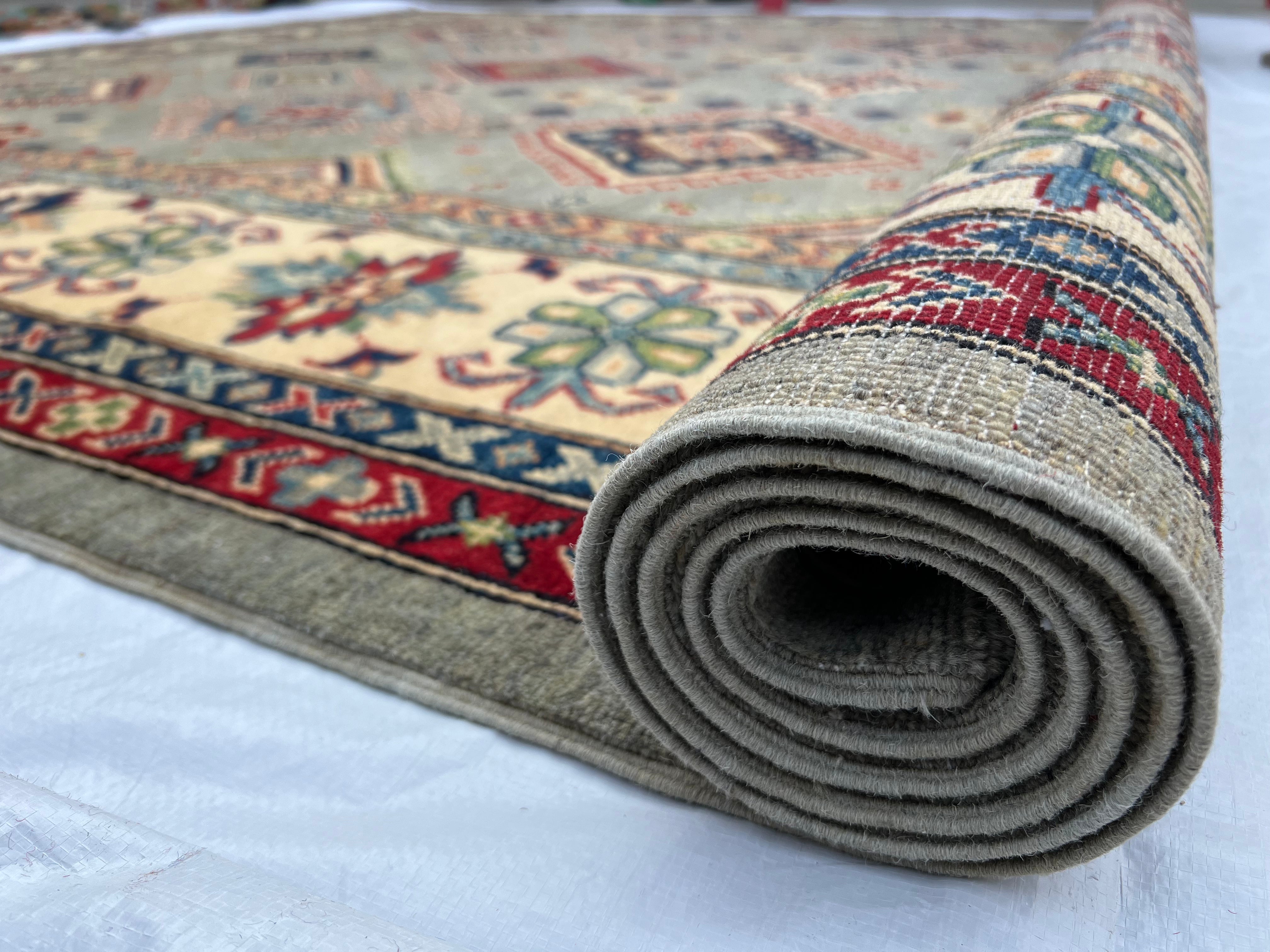 Afghan Kazak Rug 10x13, Gray, Ivory & Red, Hand-Knotted Wool, view 12