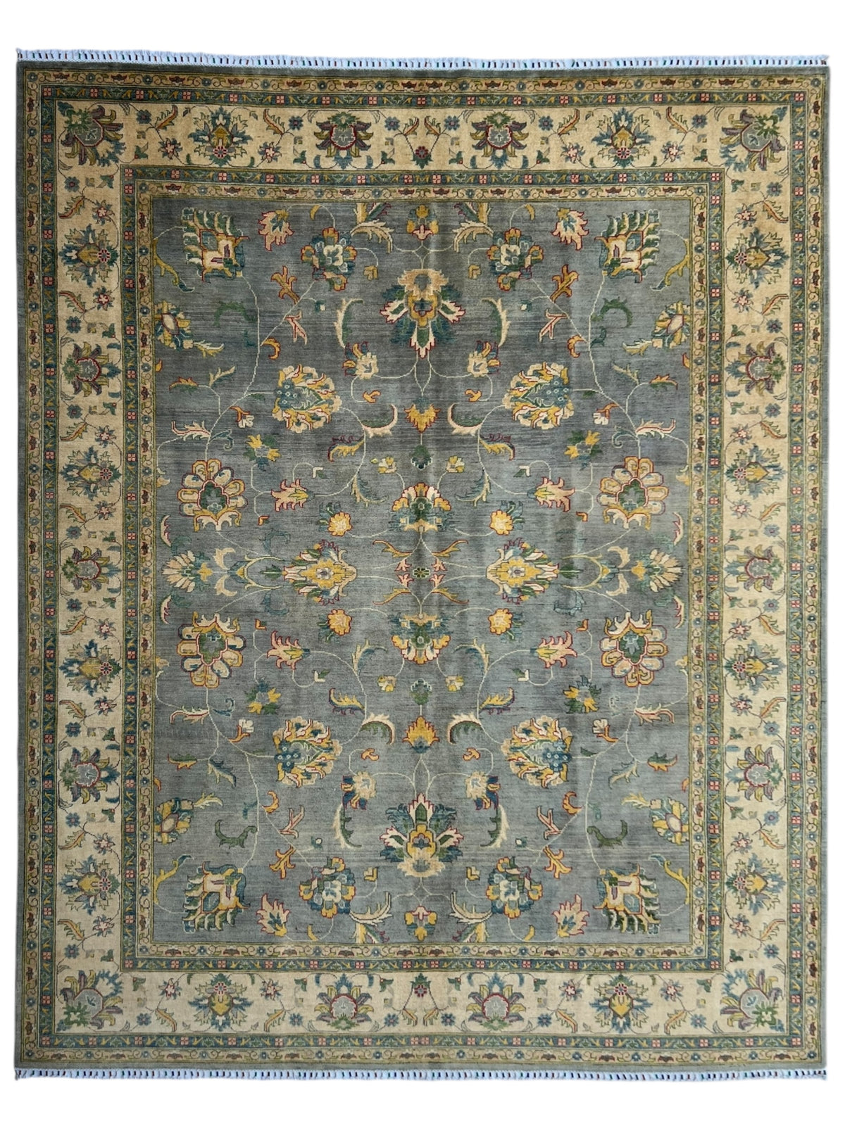 Decorative rug with intricate patterns on a blue background