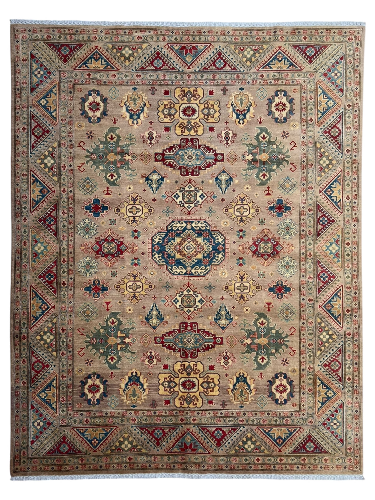 Afghan Kazak Rug 8'10" x 11'10", Hand-Knotted Wool, Beige
