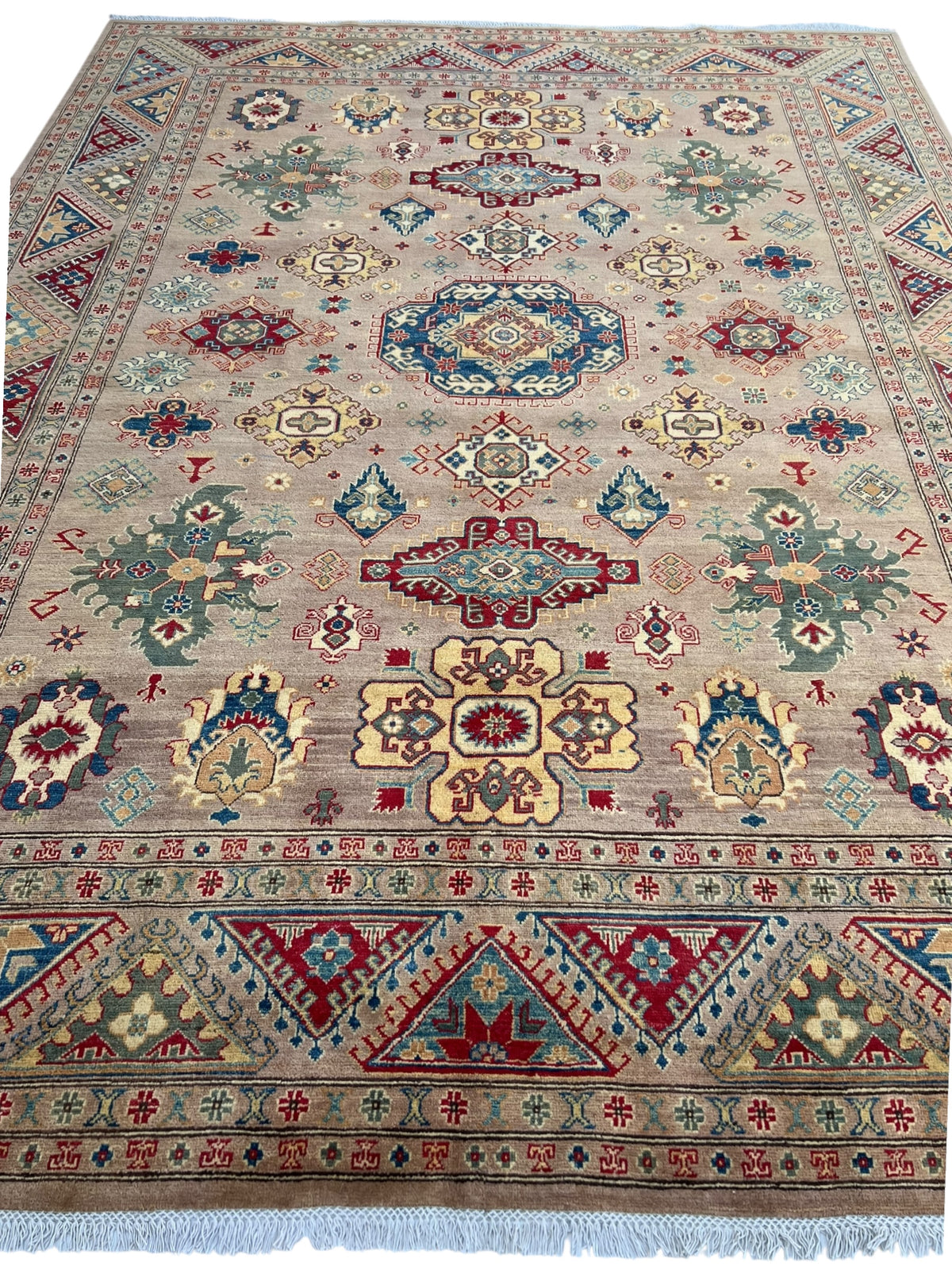 Afghan Kazak Rug 8'10" x 11'10", Hand-Knotted Wool, Beige, view 2