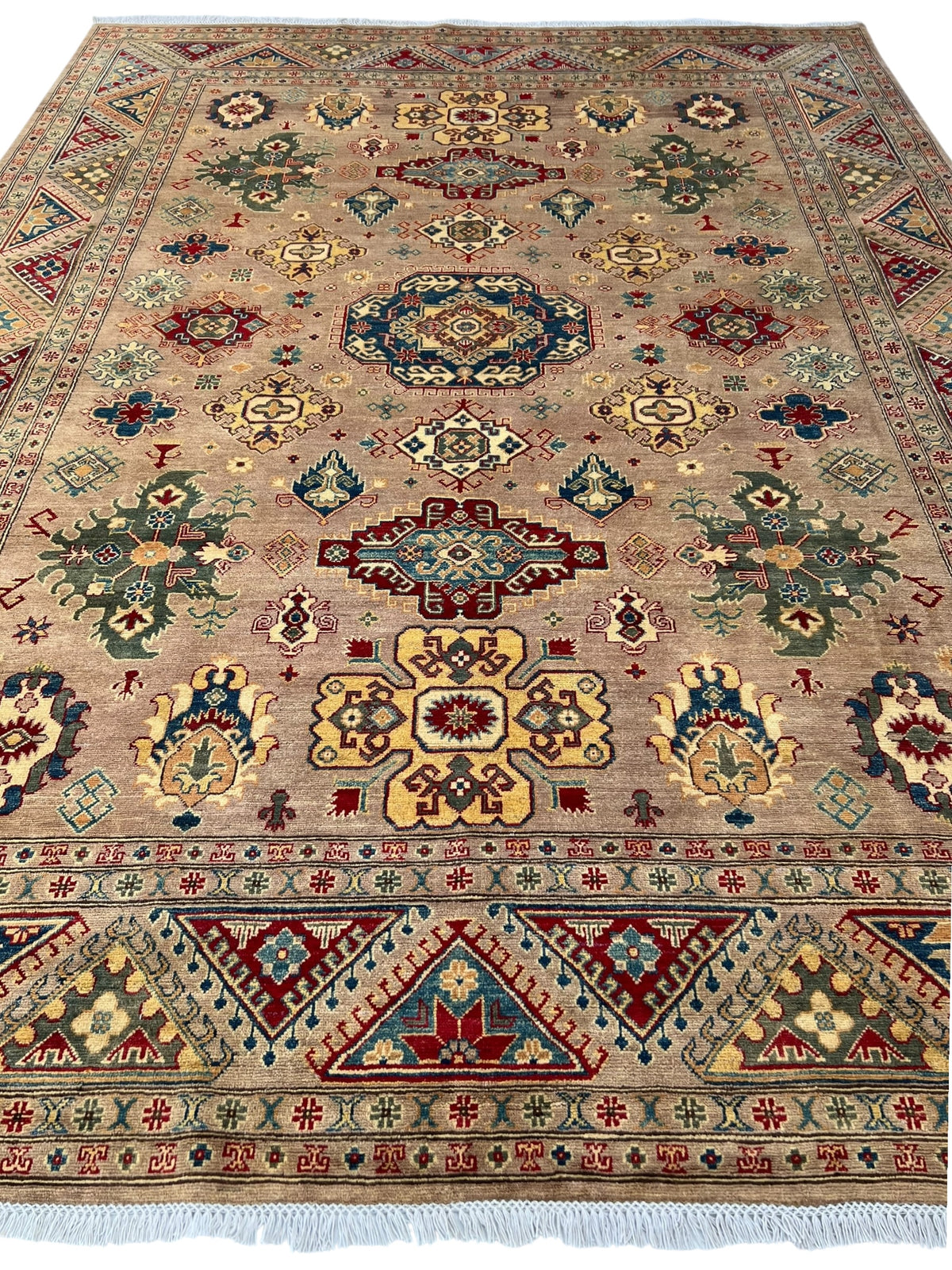 Afghan Kazak Rug 8'10" x 11'10", Hand-Knotted Wool, Beige, view 3