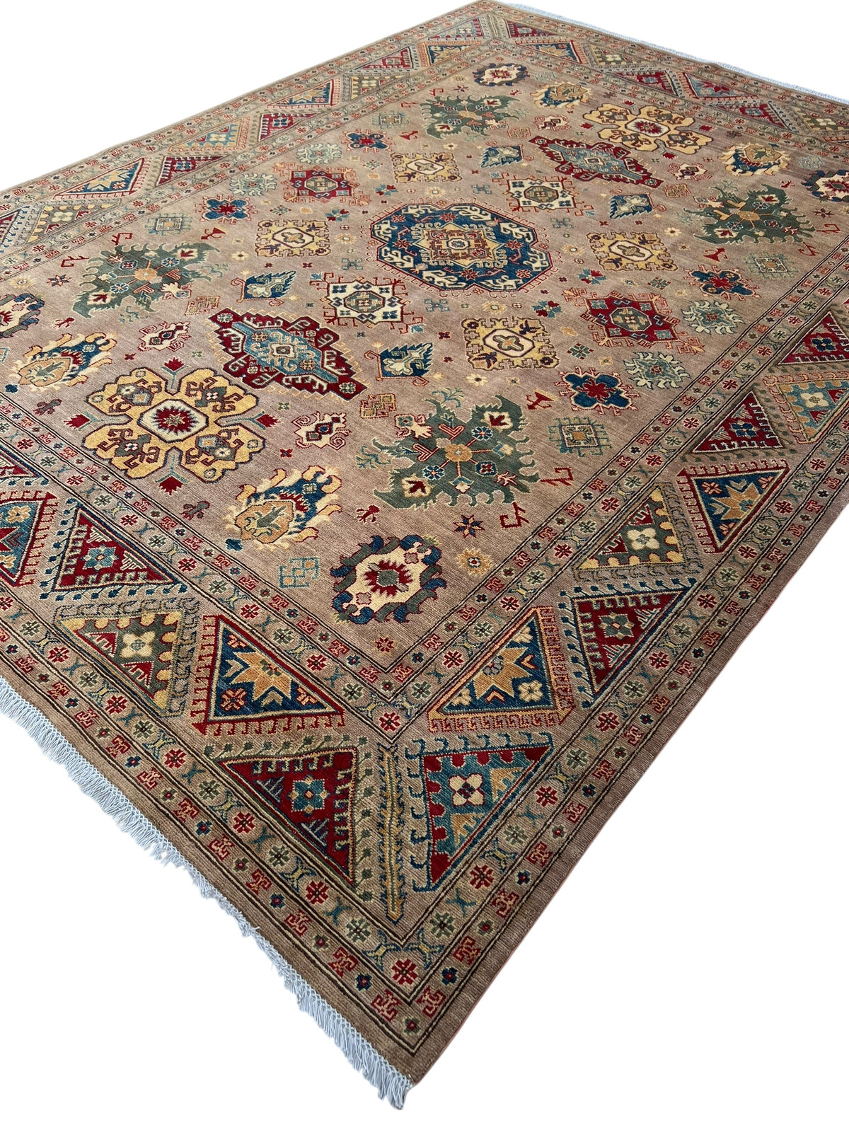 Afghan Kazak Rug 8'10" x 11'10", Hand-Knotted Wool, Beige, view 4