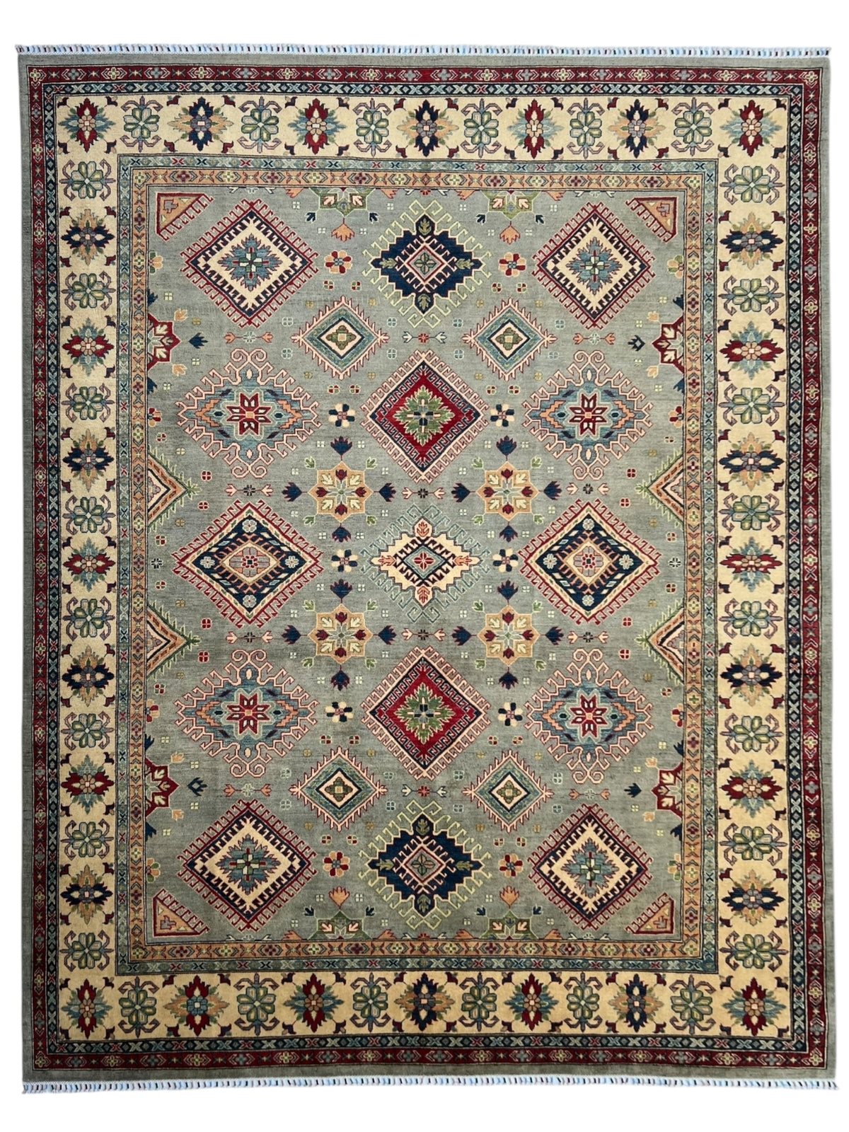 Afghan Kazak Rug 10x13, Gray, Ivory & Red, Hand-Knotted Wool