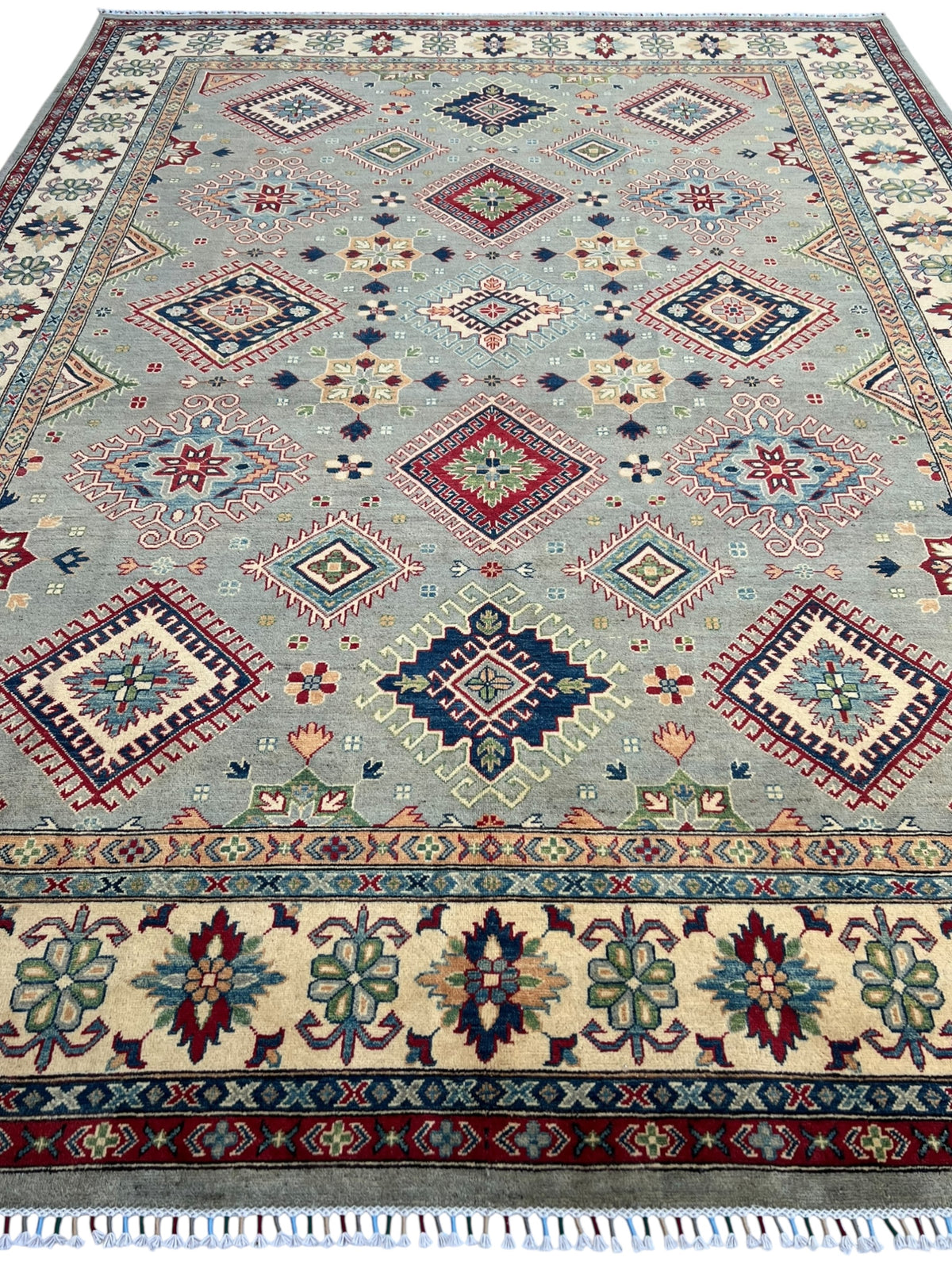 Afghan Kazak Rug 10x13, Gray, Ivory & Red, Hand-Knotted Wool, view 3