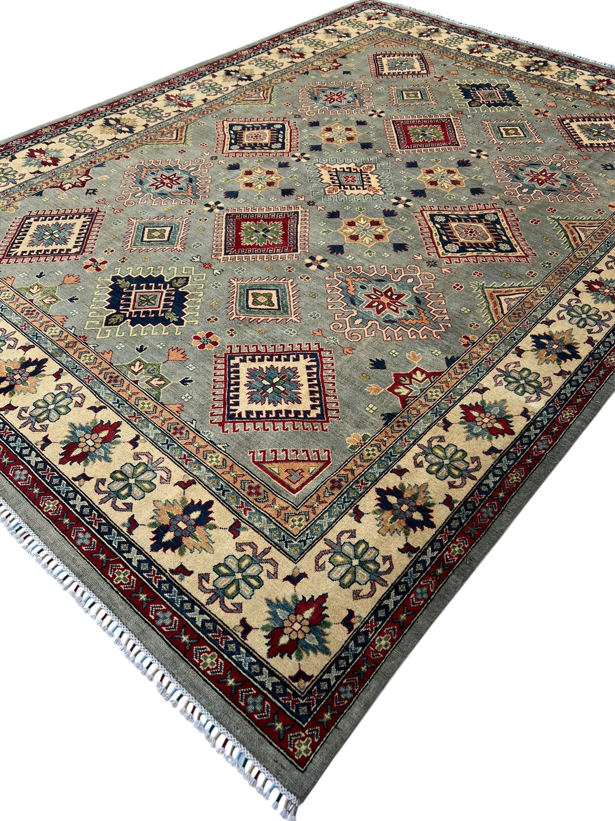 Afghan Kazak Rug 10x13, Gray, Ivory & Red, Hand-Knotted Wool, view 4