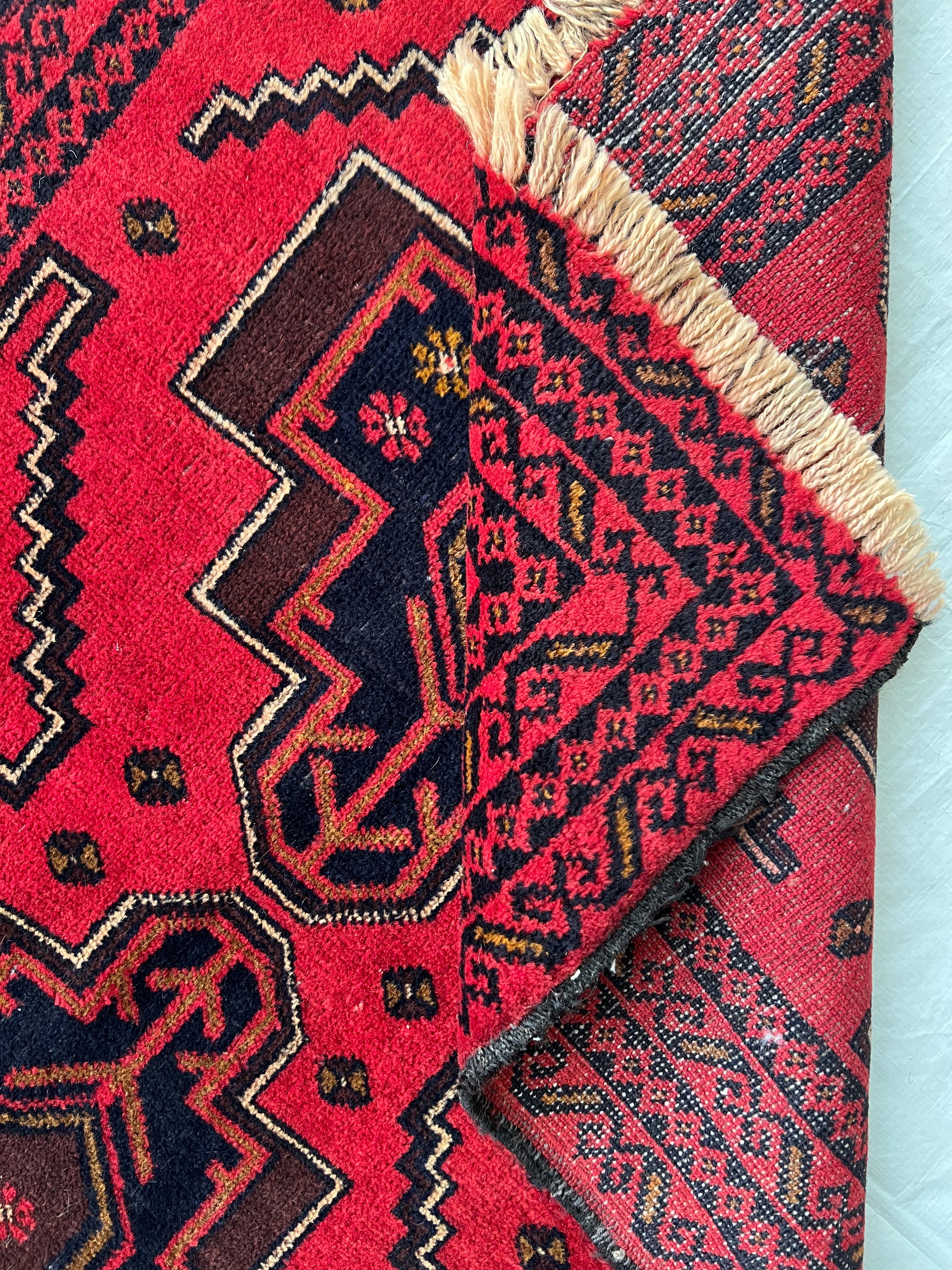 Afghani Rug 3x7 size range tribal Red Blue laid flat