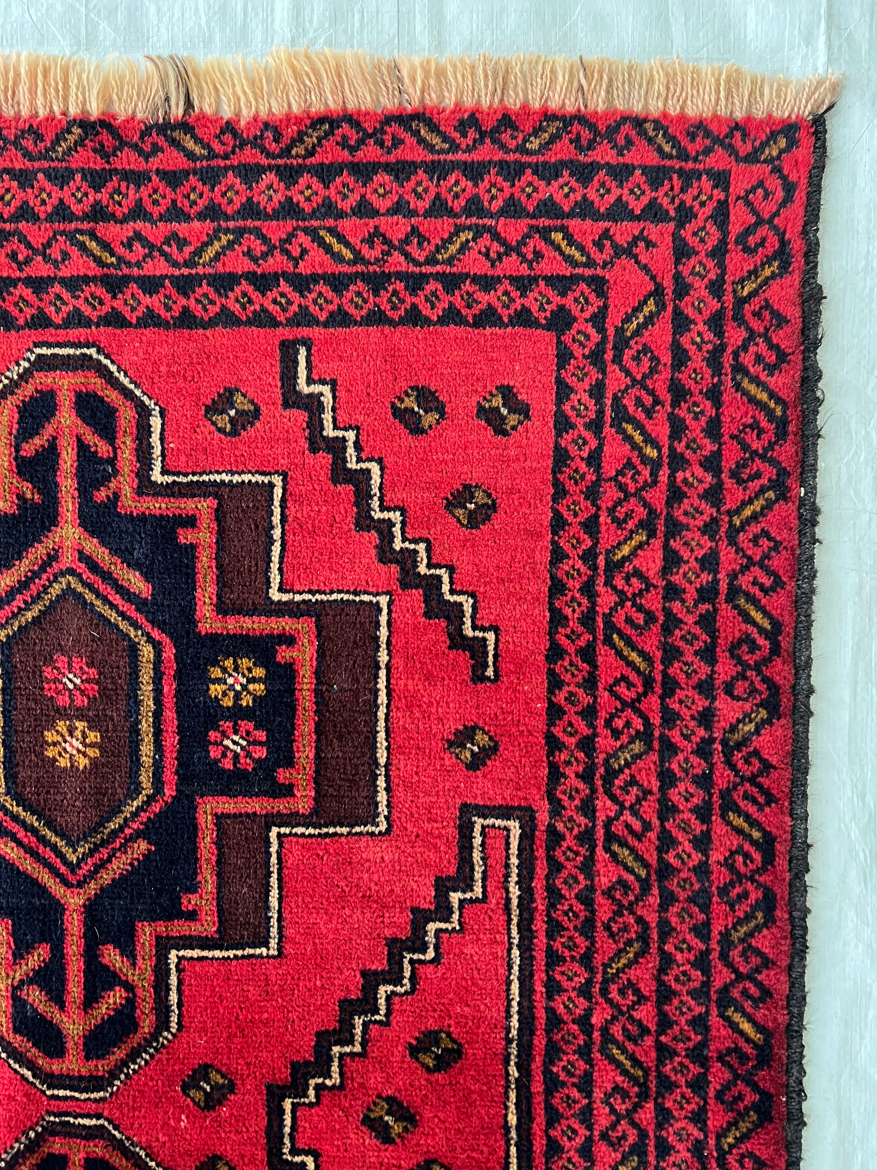 Afghani Rug 3x7 size range tribal Red Blue laid flat