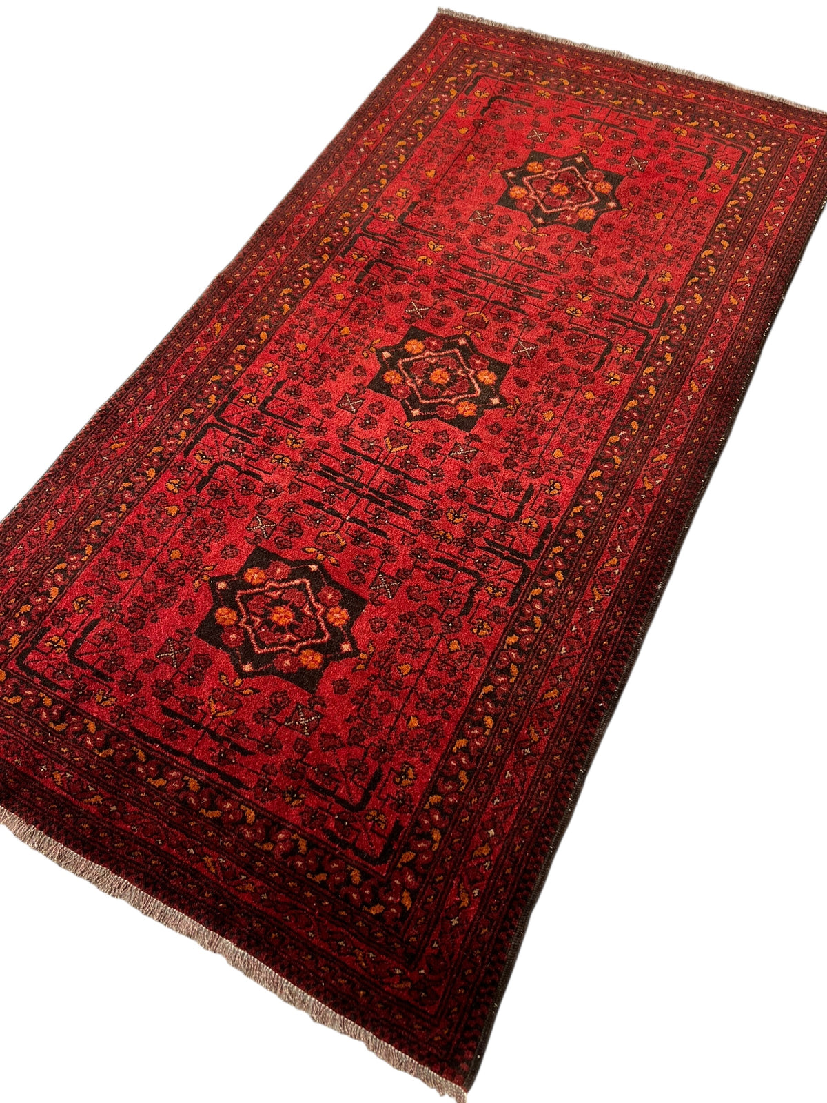 Afghani Rug 4x10 size range bukhara Red laid flat