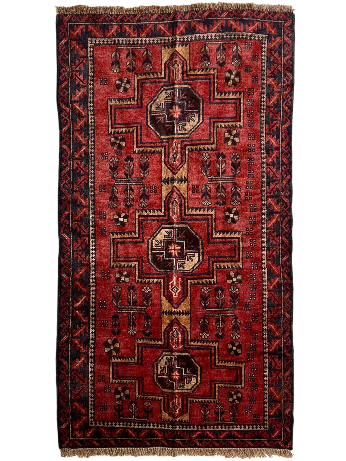 Afghani Rug 4x10 size range tribal Red Blue laid flat