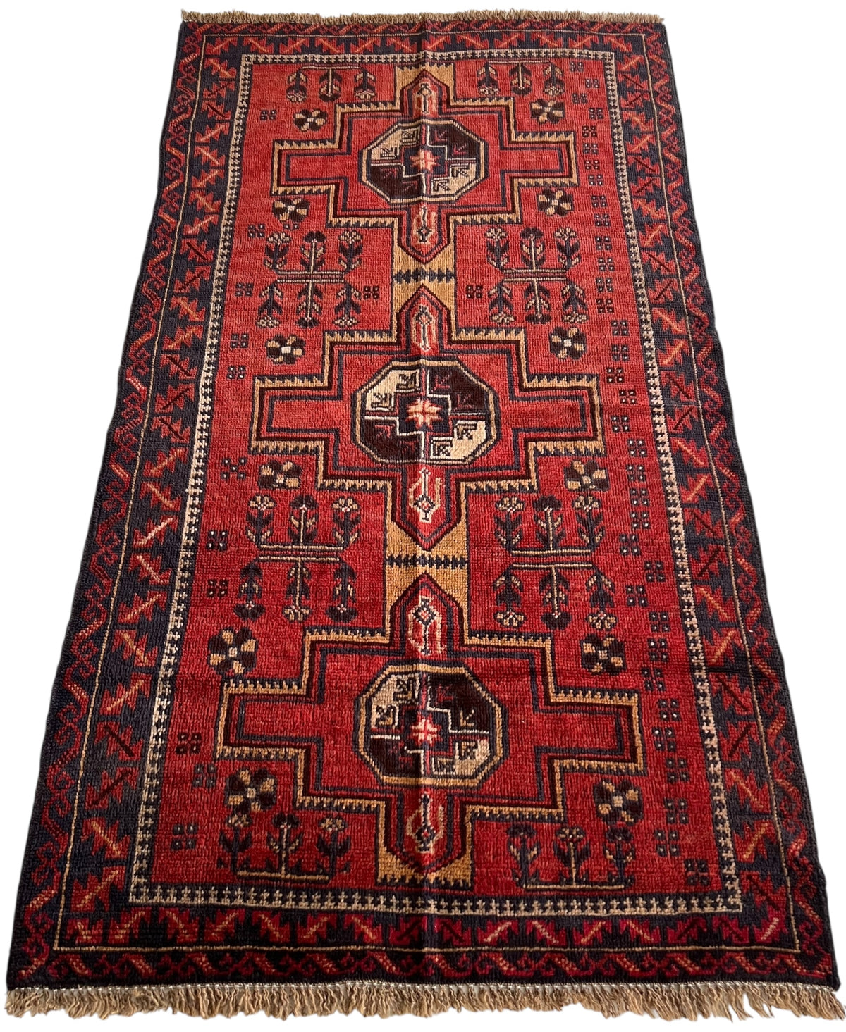 Afghani Rug 4x10 size range tribal Red Blue laid flat