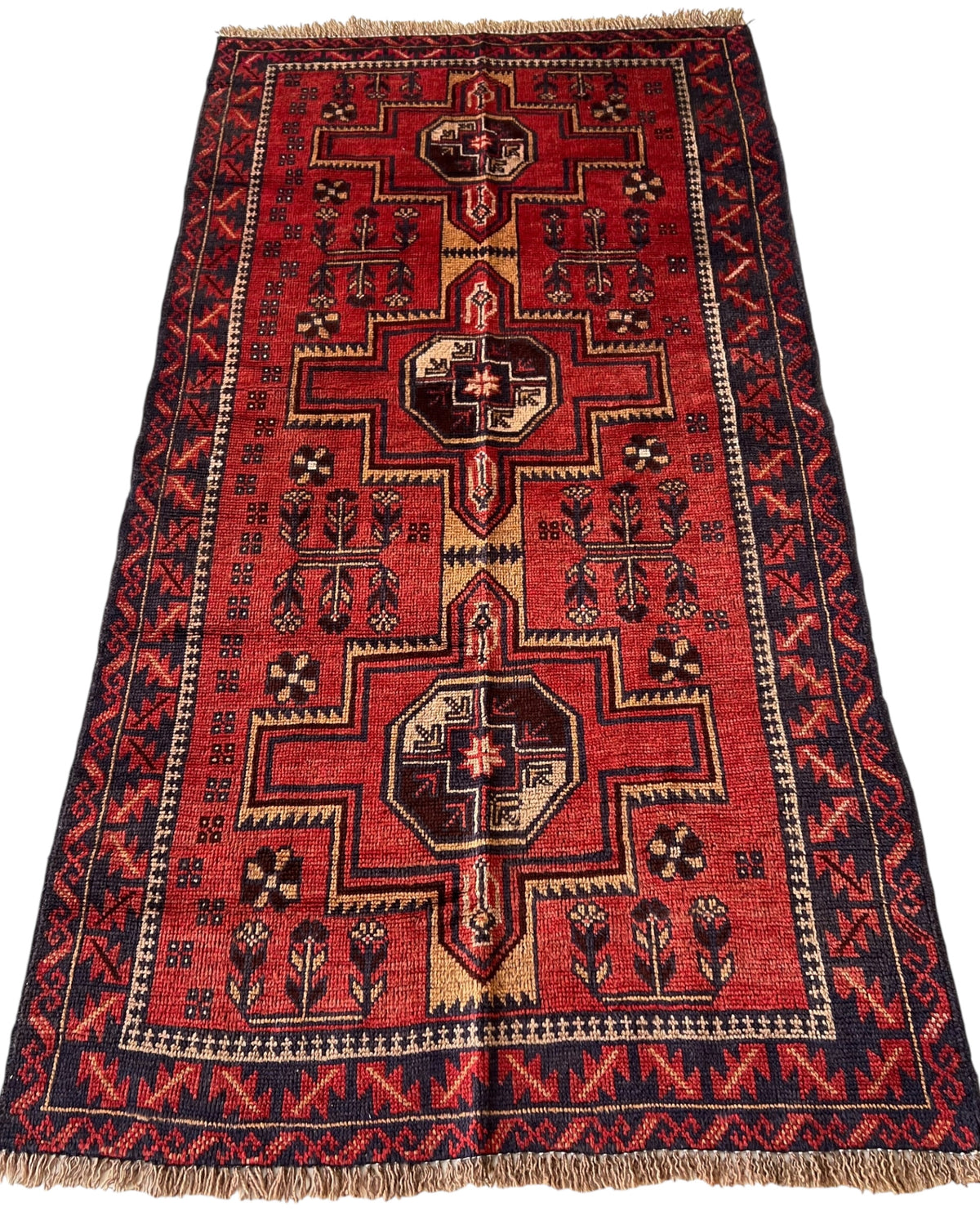 Afghani Rug 4x10 size range tribal Red Blue laid flat