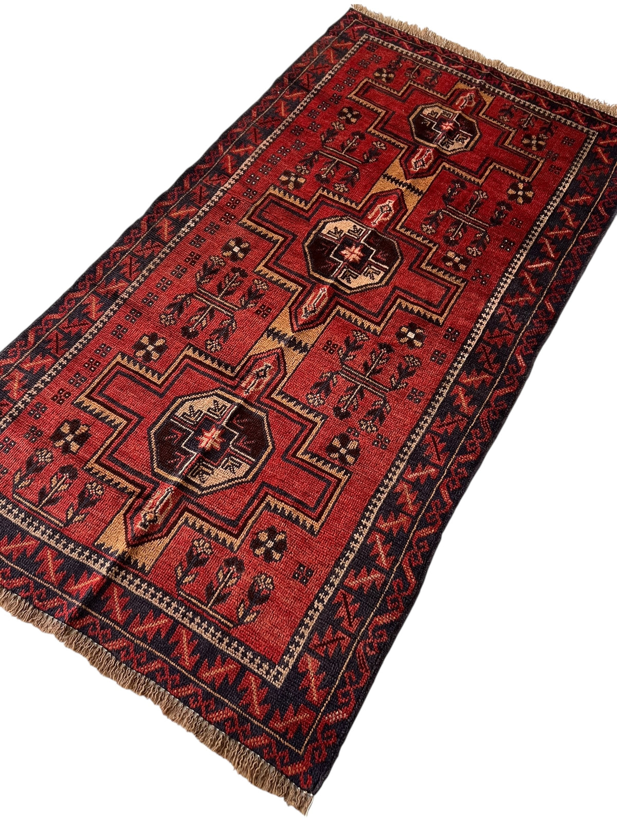 Afghani Rug 4x10 size range tribal Red Blue laid flat