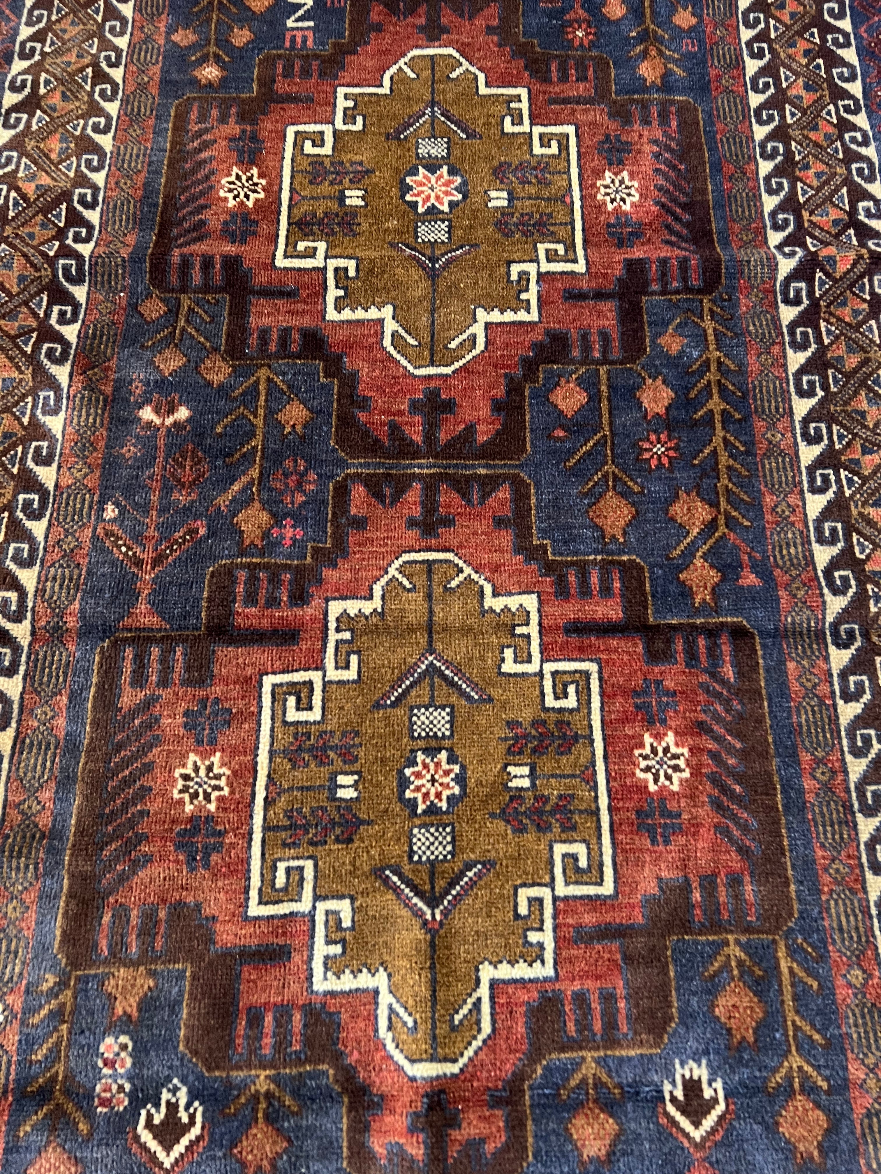 Oriental Rug 3x6 | Brown, Rust & Navy | Hand-Knotted Wool