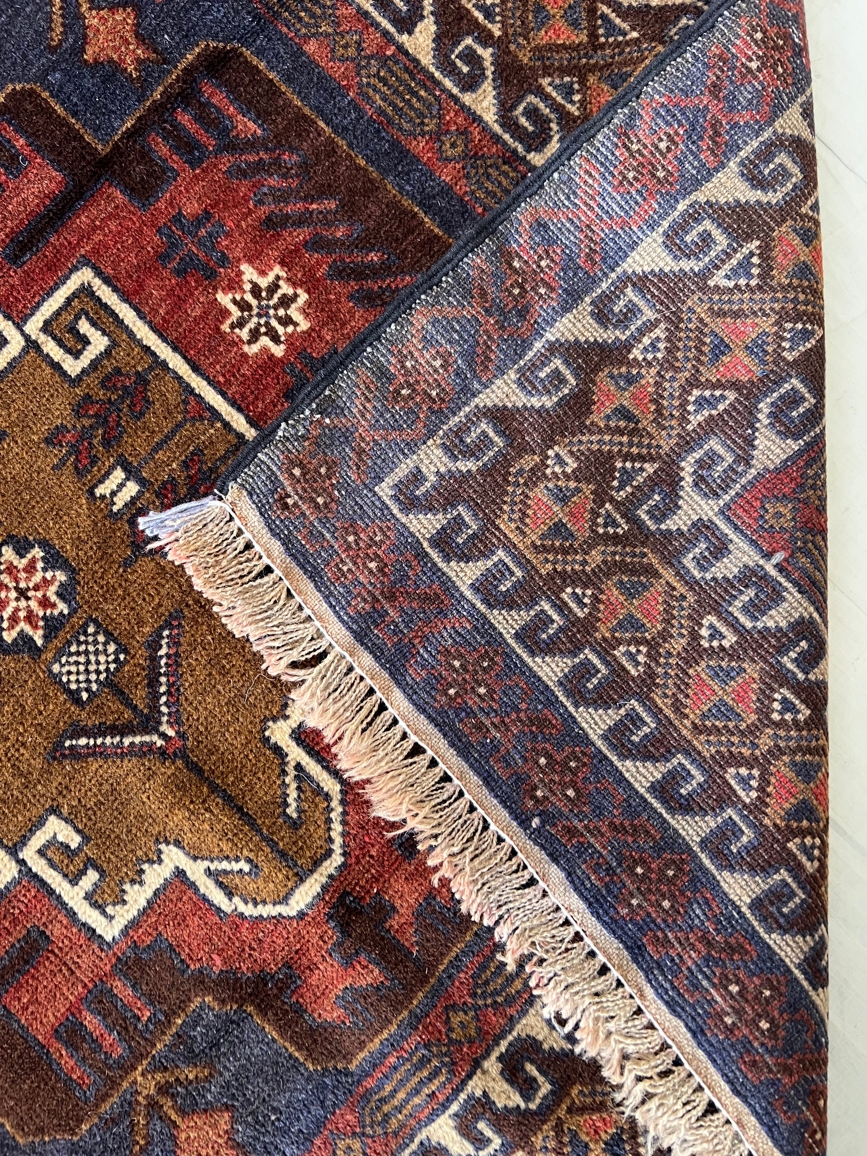 Oriental Rug 3x6 | Brown, Rust & Navy | Hand-Knotted Wool