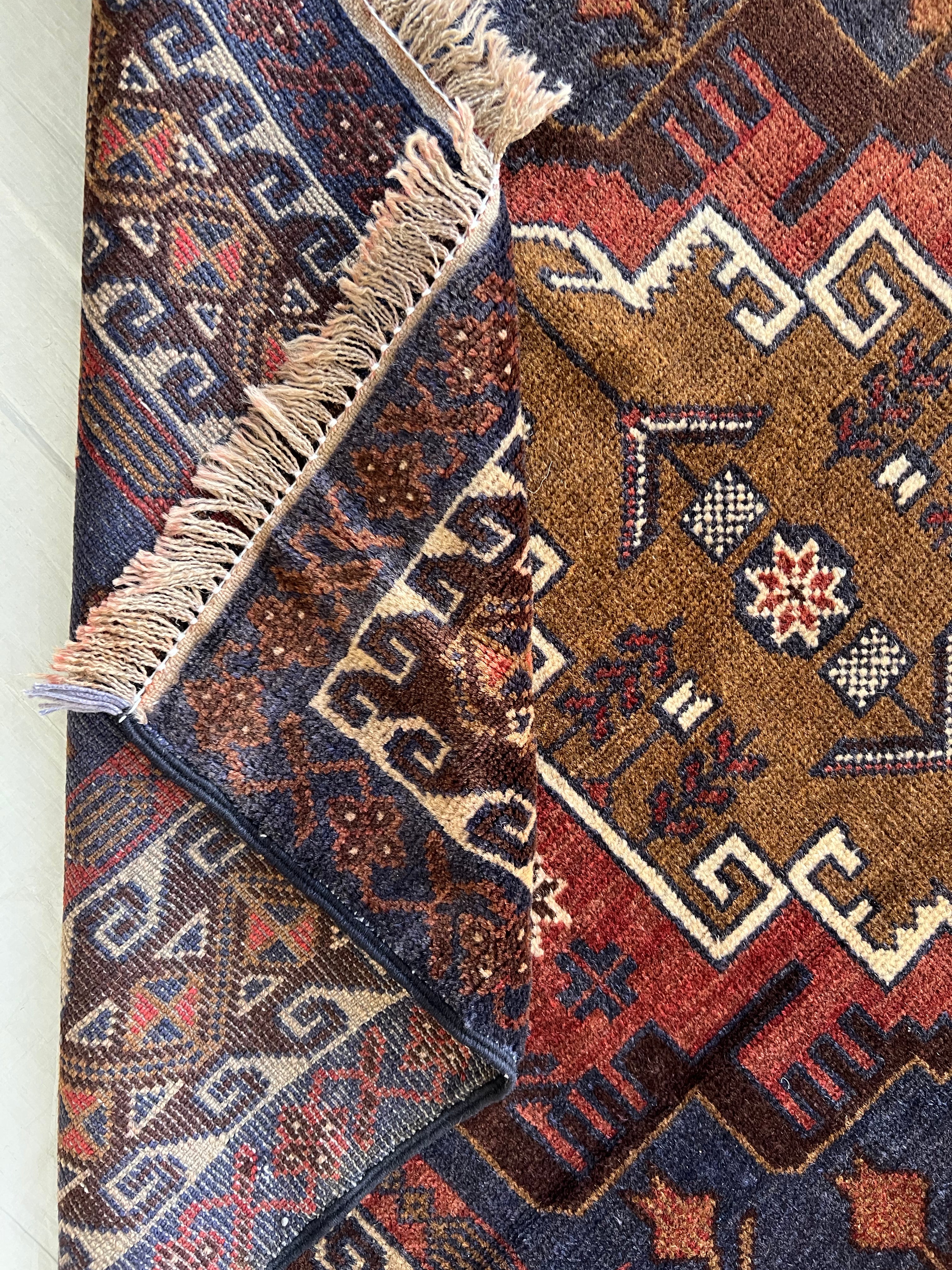 Oriental Rug 3x6 | Brown, Rust & Navy | Hand-Knotted Wool