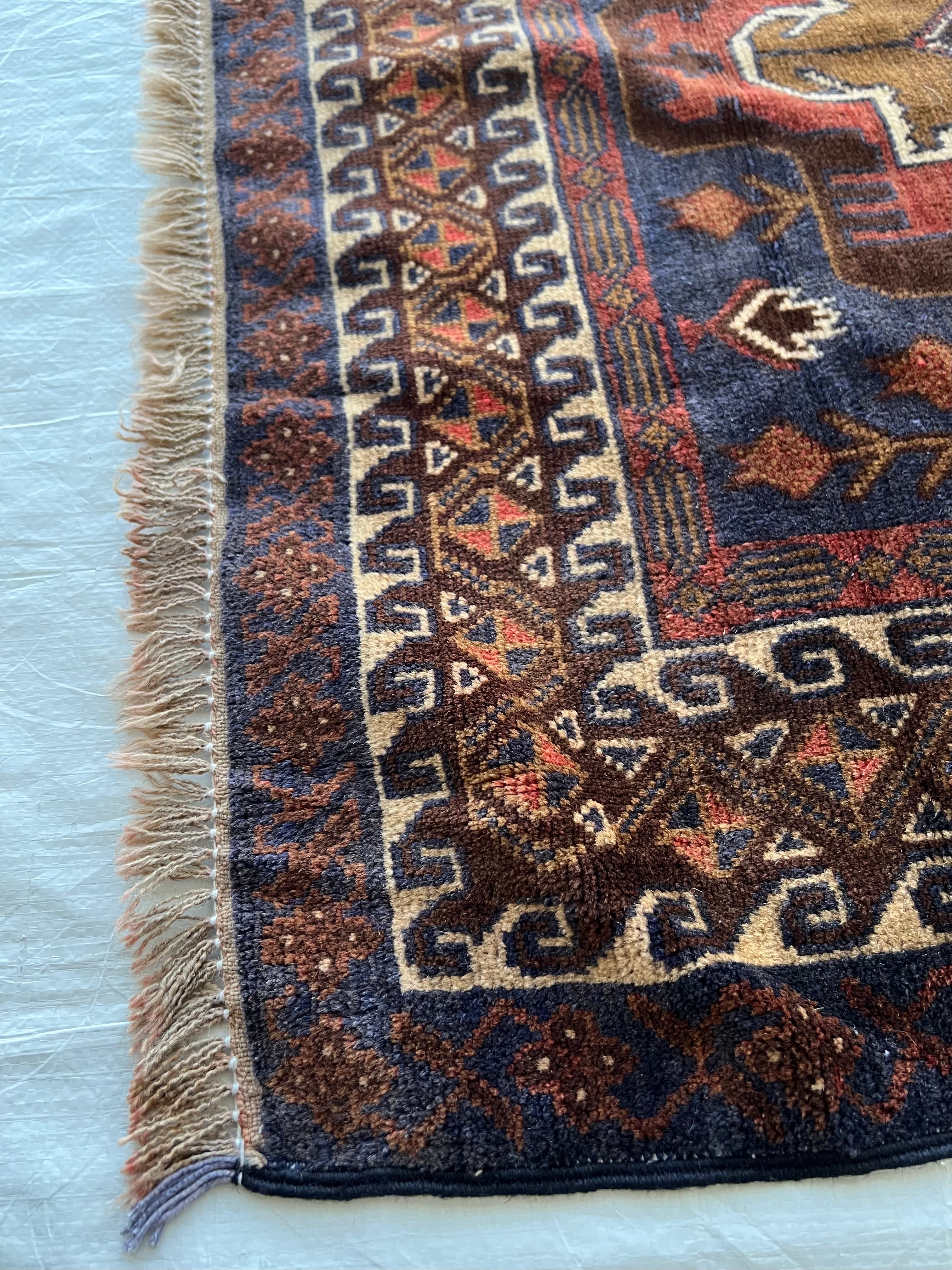 Oriental Rug 3x6 | Brown, Rust & Navy | Hand-Knotted Wool