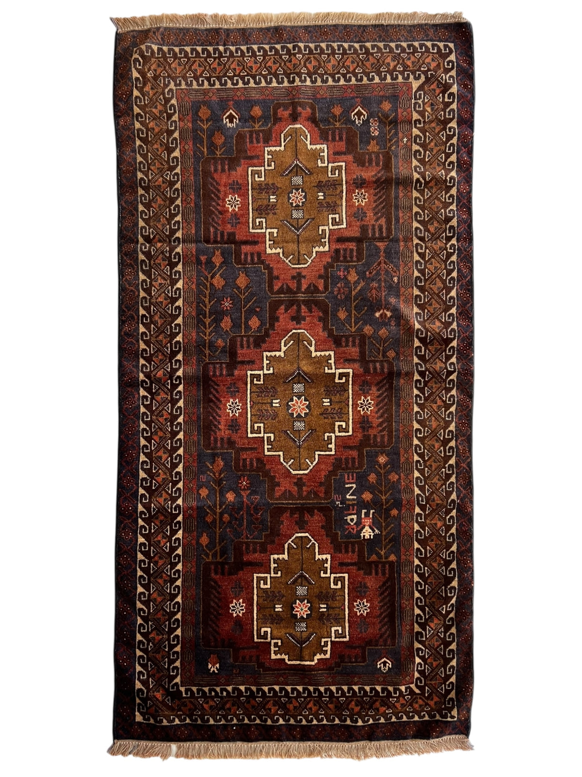Oriental Rug 3x6 | Brown, Rust & Navy | Hand-Knotted Wool