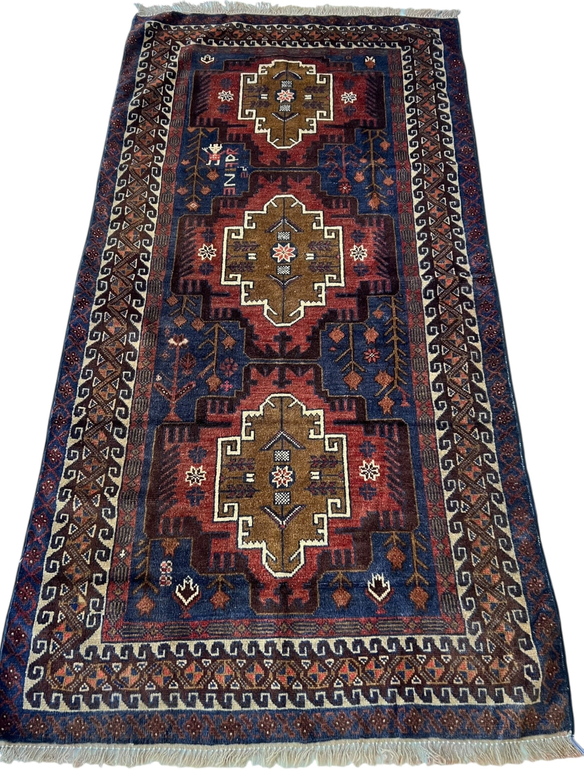 Oriental Rug 3x6 | Brown, Rust & Navy | Hand-Knotted Wool