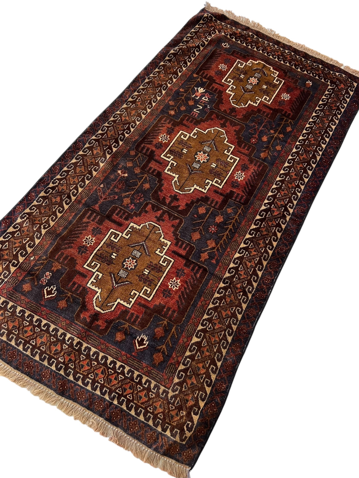 Oriental Rug 3x6 | Brown, Rust & Navy | Hand-Knotted Wool