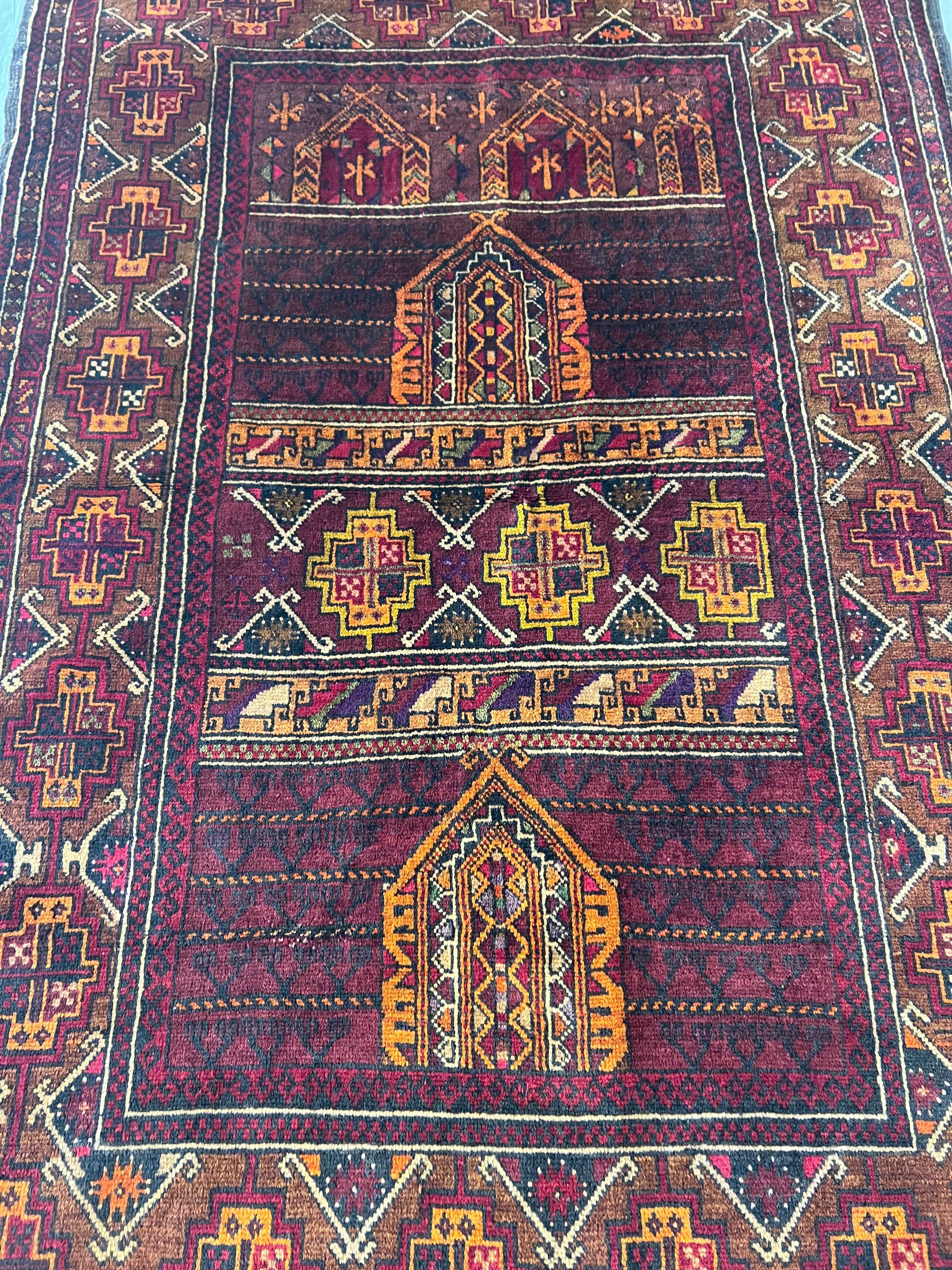 Baluch Rug 3x5 | Burgundy, Brown & Gold | Hand-Knotted Wool